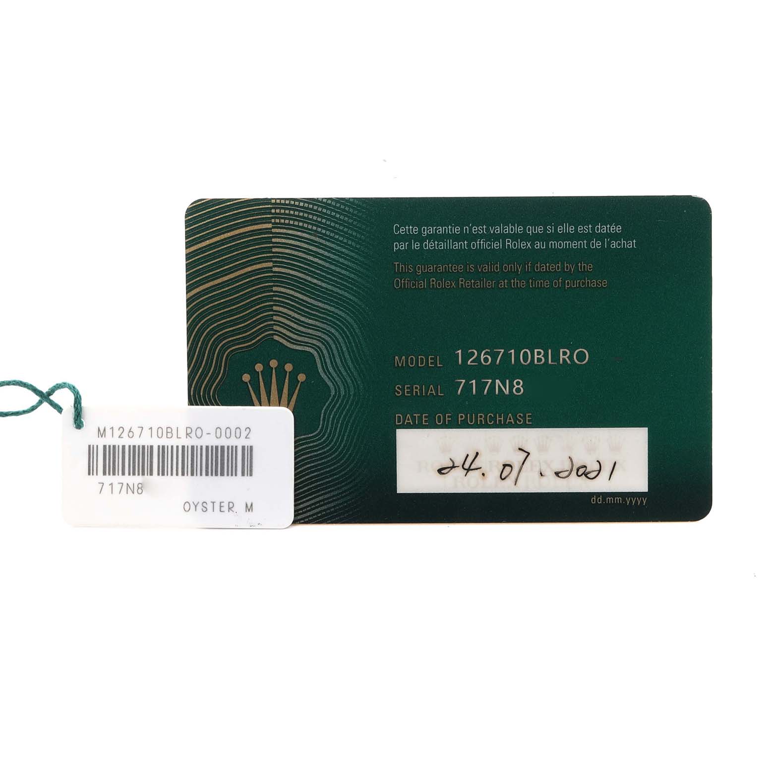 The image shows a genuine warranty card for the Rolex GMT-Master 126710BLRO Men's Stainless Steel Black Dial 126710BLRO Men's Stainless Steel Black Dial model 126710BLRO.
