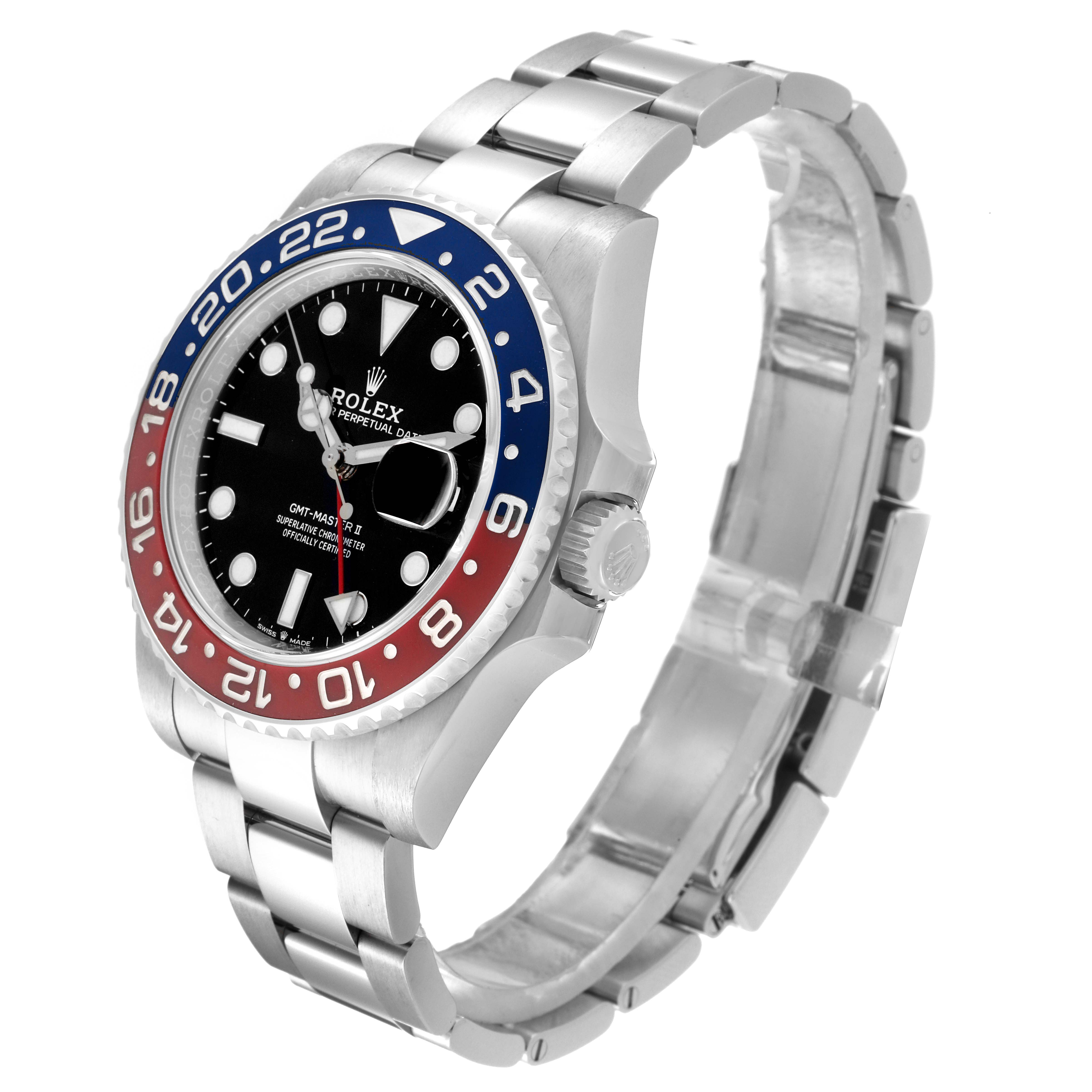 The Rolex GMT-Master 126710BLRO Men's Stainless Steel Black Dial 126710BLRO Men's Stainless Steel Black Dial watch is shown at a three-quarter angle, displaying the bezel, dial, crown, and part of the bracelet.
