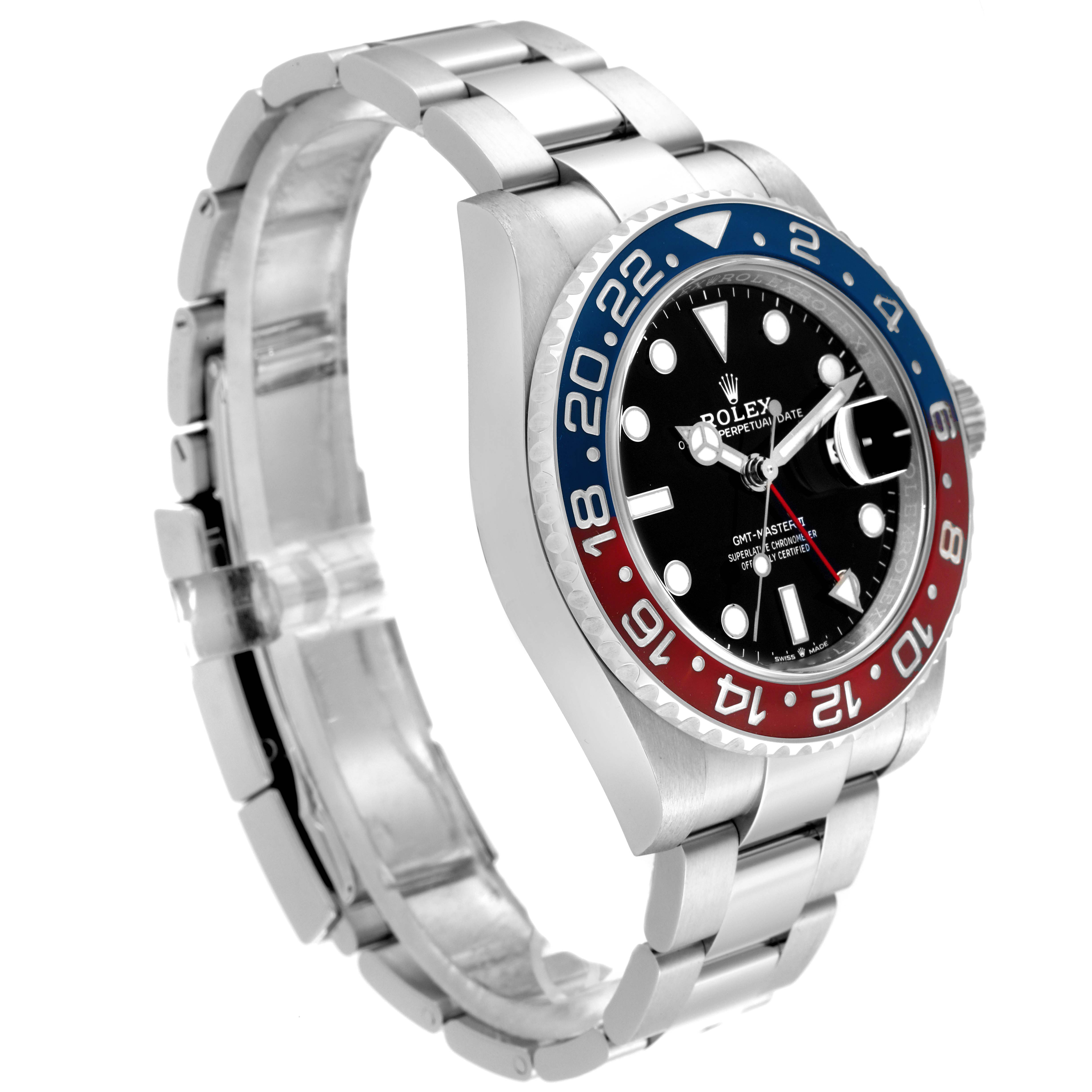 The image shows a Rolex GMT-Master 126710BLRO Men's Stainless Steel Black Dial 126710BLRO Men's Stainless Steel Black Dial watch at a three-quarter angle, highlighting the bezel, dial, and bracelet.