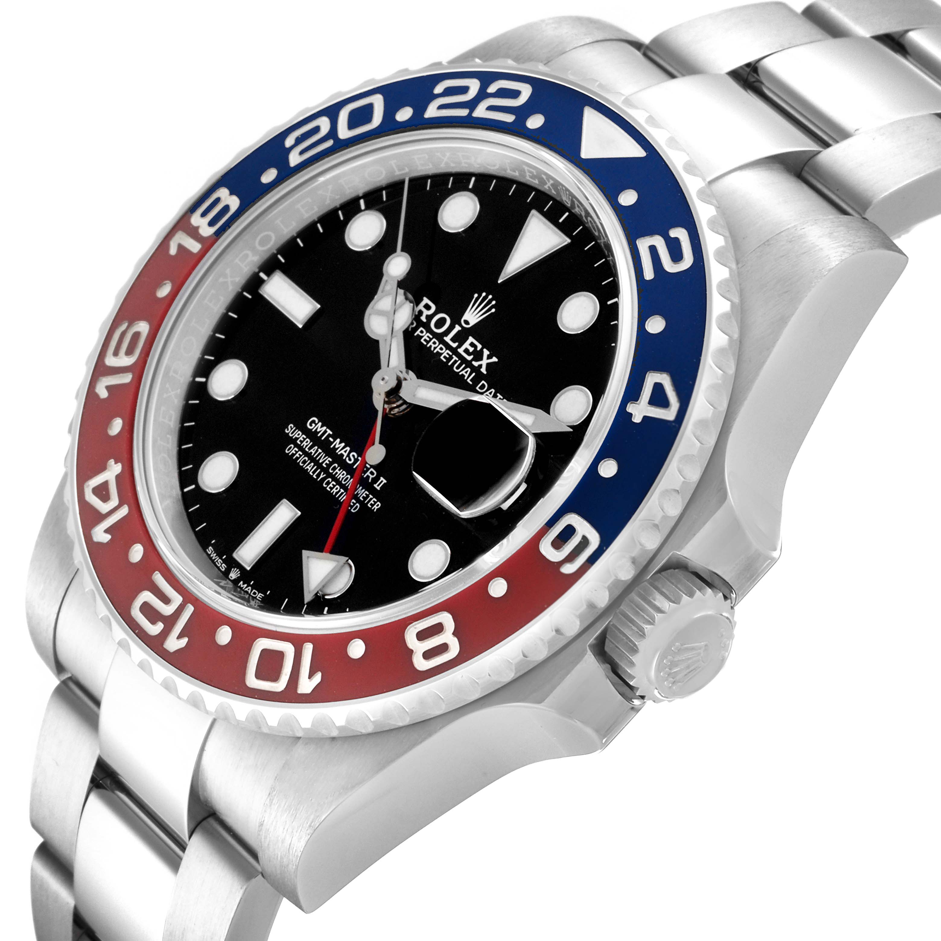 The Rolex GMT-Master 126710BLRO Men's Stainless Steel Black Dial 126710BLRO Men's Stainless Steel Black Dial is shown from a three-quarter angle, displaying the bezel, dial, and crown.