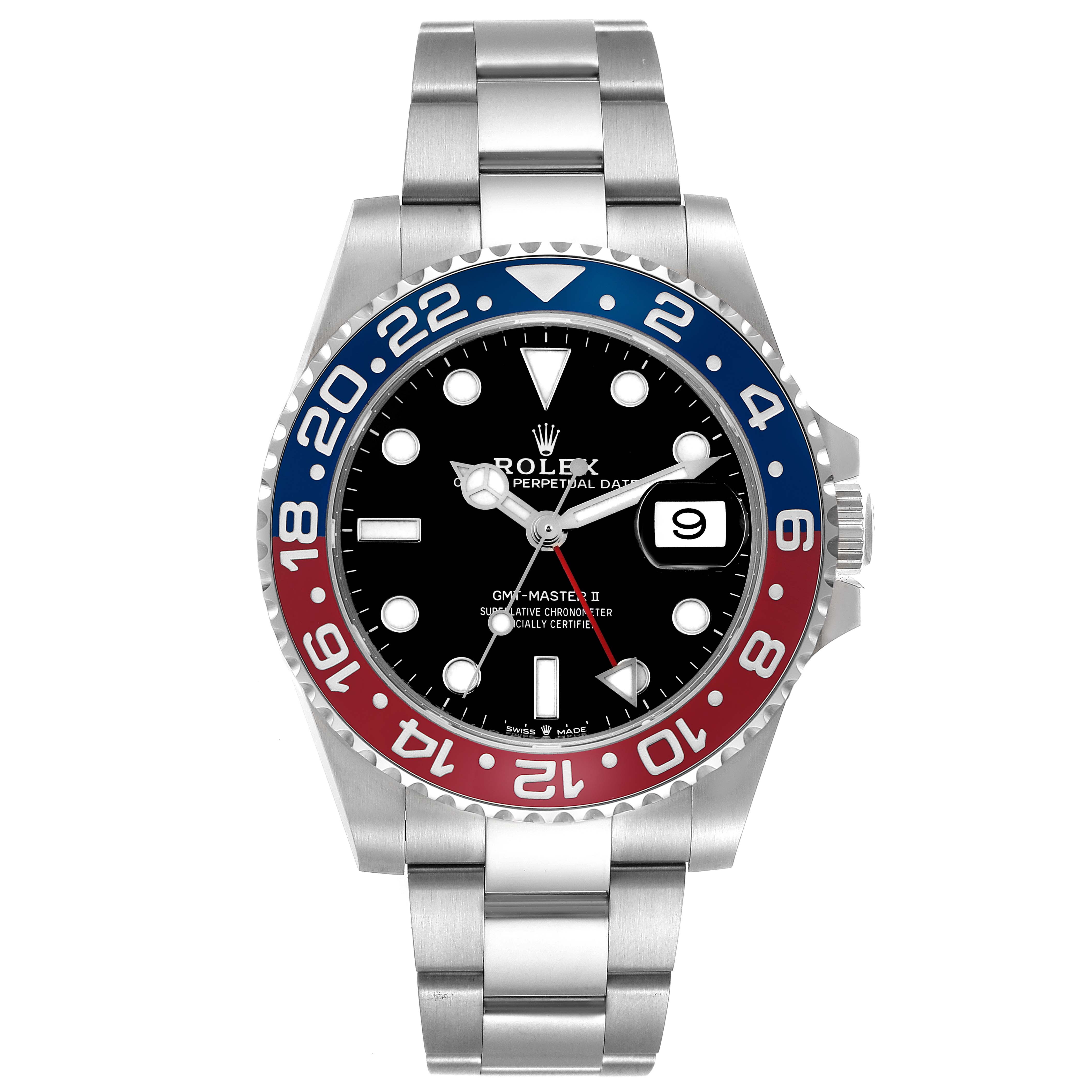 The Rolex GMT-Master 126710BLRO Men's Stainless Steel Black Dial 126710BLRO Men's Stainless Steel Black Dial watch is shown from the front, displaying the dial, bezel, and bracelet.