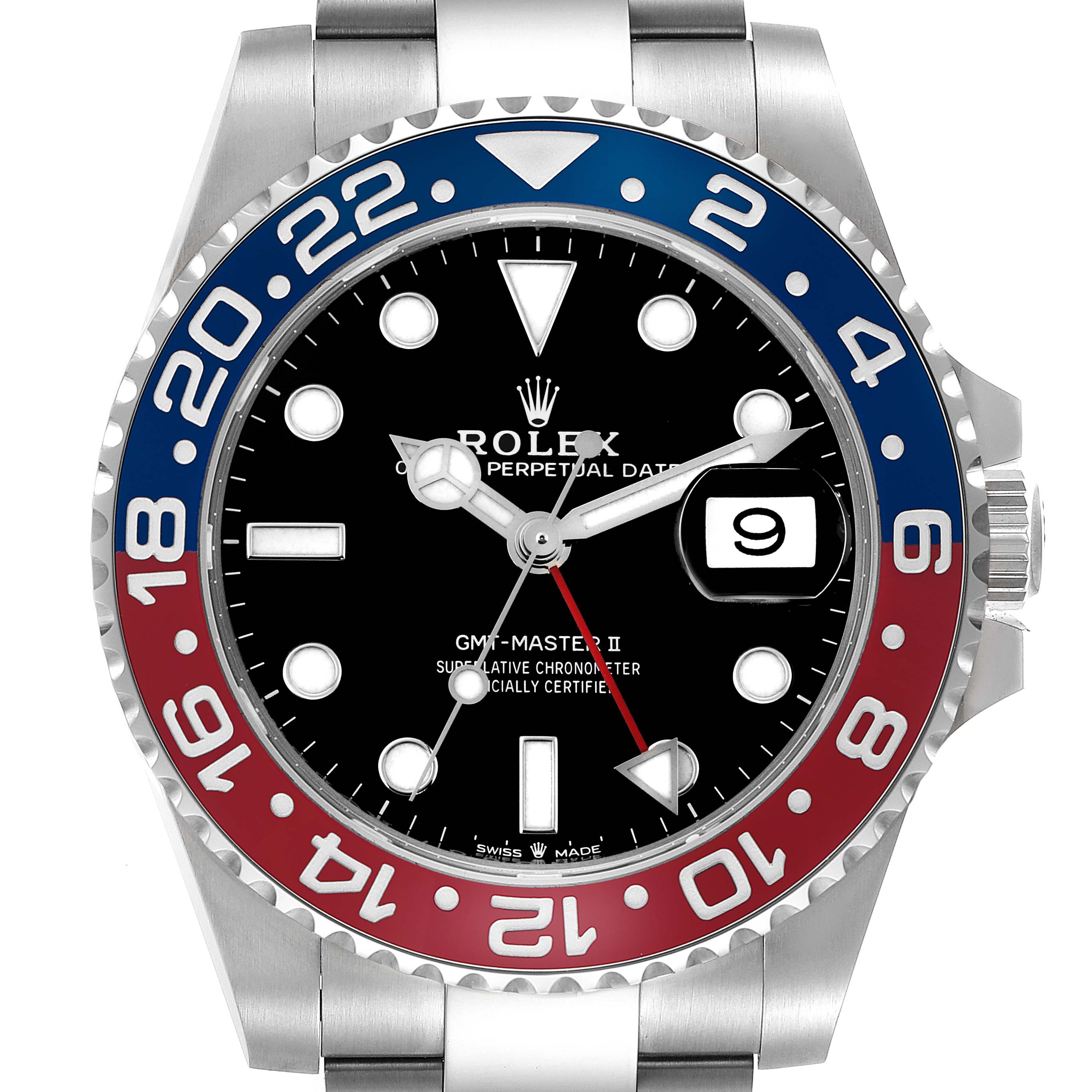 The Rolex GMT-Master 126710BLRO Men's Stainless Steel Black Dial 126710BLRO Men's Stainless Steel Black Dial watch is shown from a front angle, highlighting the Pepsi bezel, dial, and date window.