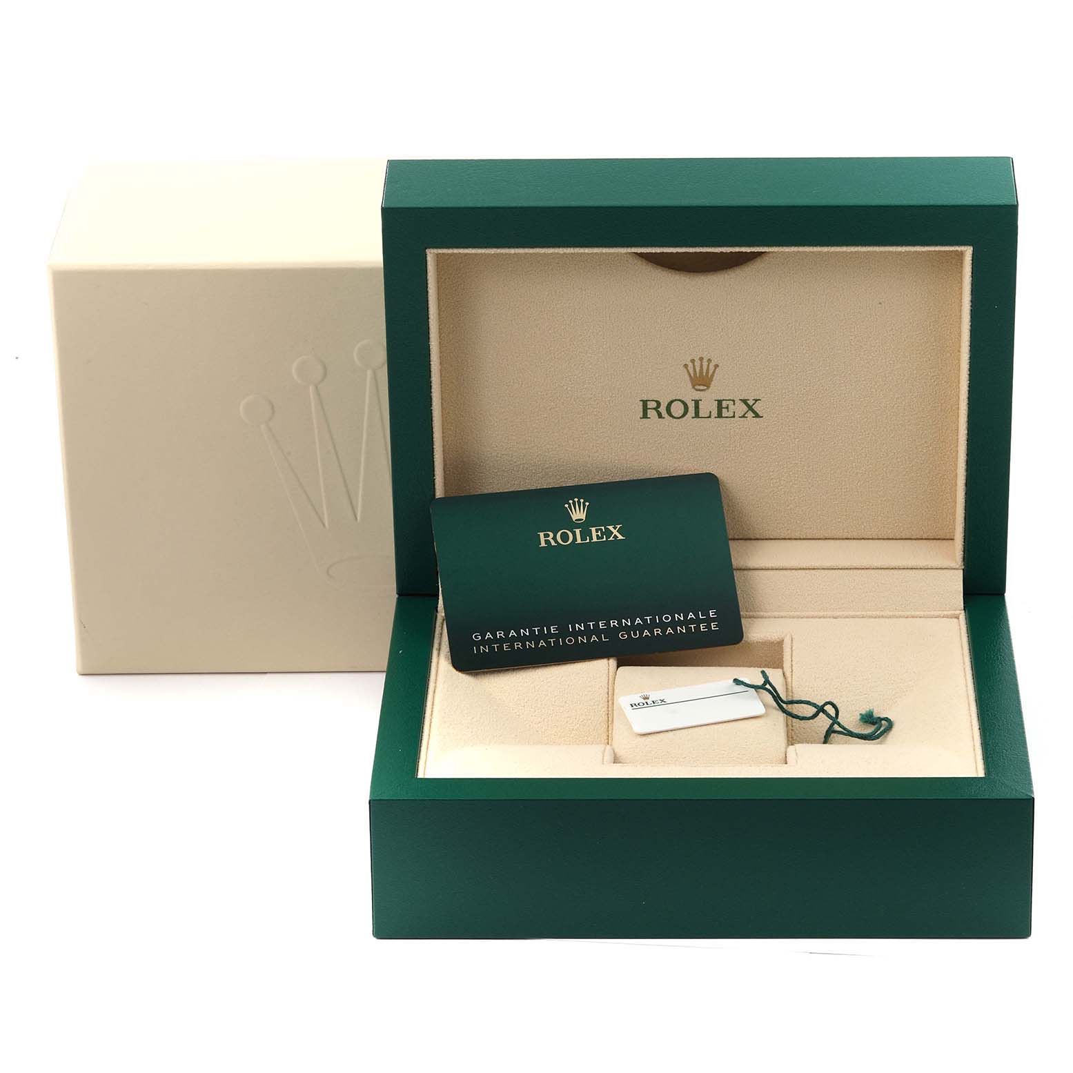 The image shows an open Rolex GMT-Master 126710BLRO Men's Stainless Steel Black Dial 126710BLRO Men's Stainless Steel Black Dial box with a guarantee card and tag inside.