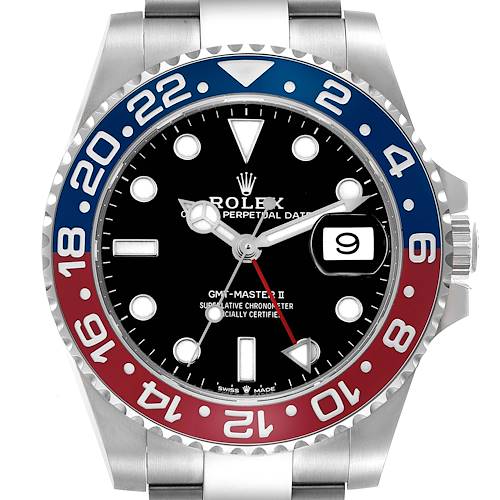 The Rolex GMT-Master watch is shown from a top view, highlighting its bezel, dial, and crown.