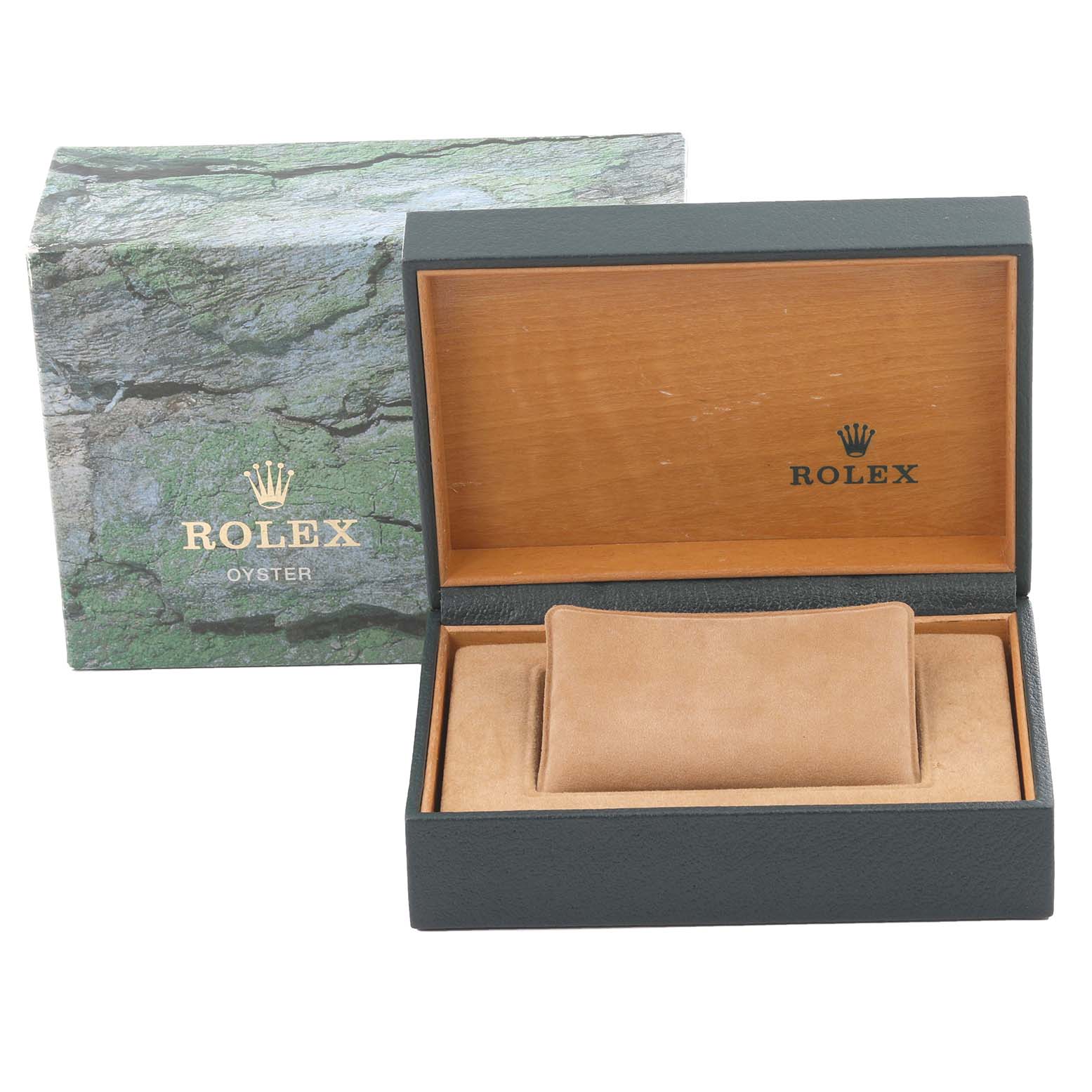 The image shows a Rolex GMT-Master 16700 Men
s Stainless Steel Black Dial 16700 Men
s Stainless Steel Black Dial box and cover from a frontal angle, displaying both the packaging and the watch cushion.