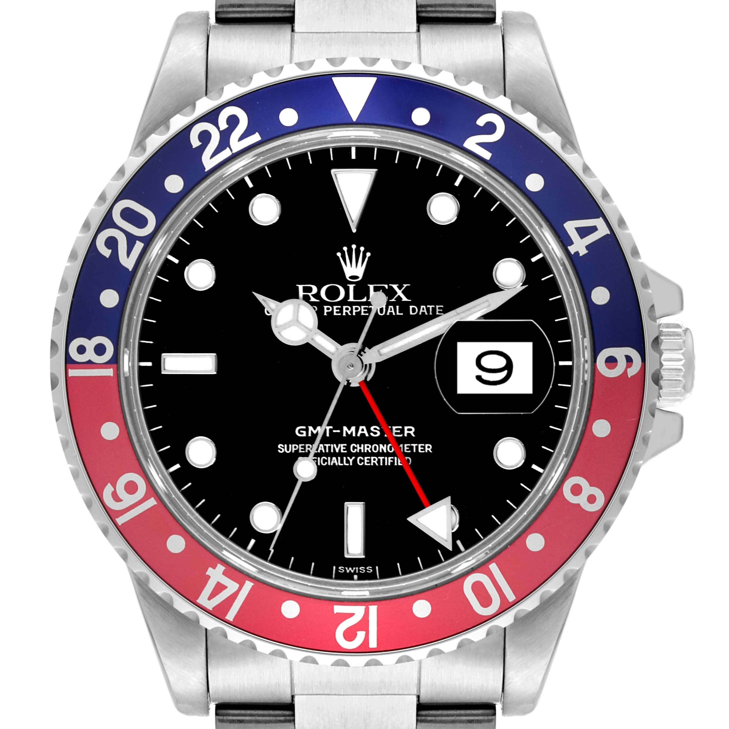 The image shows a front view of the Rolex GMT-Master 16700 Men
s Stainless Steel Black Dial 16700 Men
s Stainless Steel Black Dial, highlighting the bezel, dial, and date window.