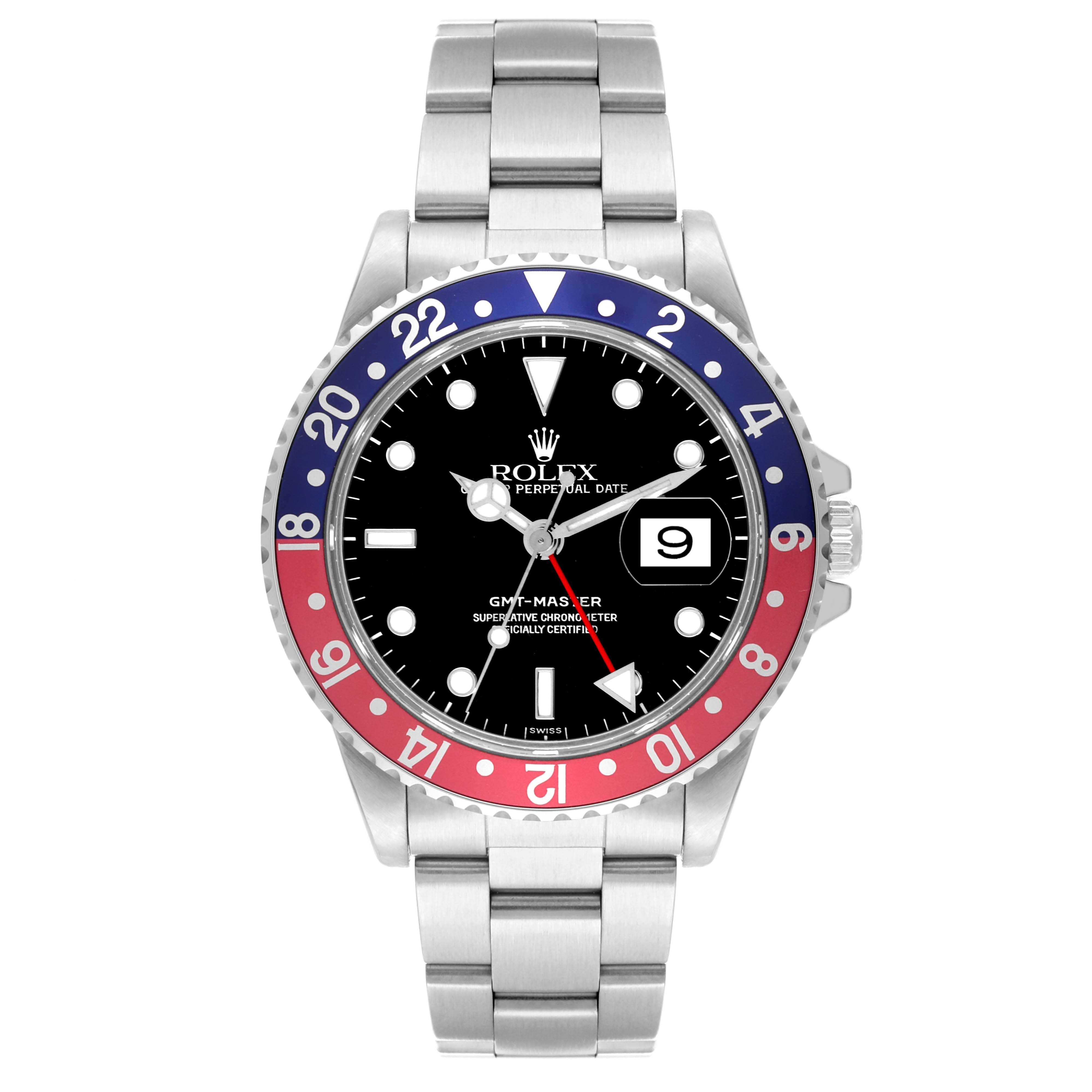The Rolex GMT-Master 16700 Men
s Stainless Steel Black Dial 16700 Men
s Stainless Steel Black Dial watch is shown from a frontal angle, displaying the dial, bezel, and bracelet.