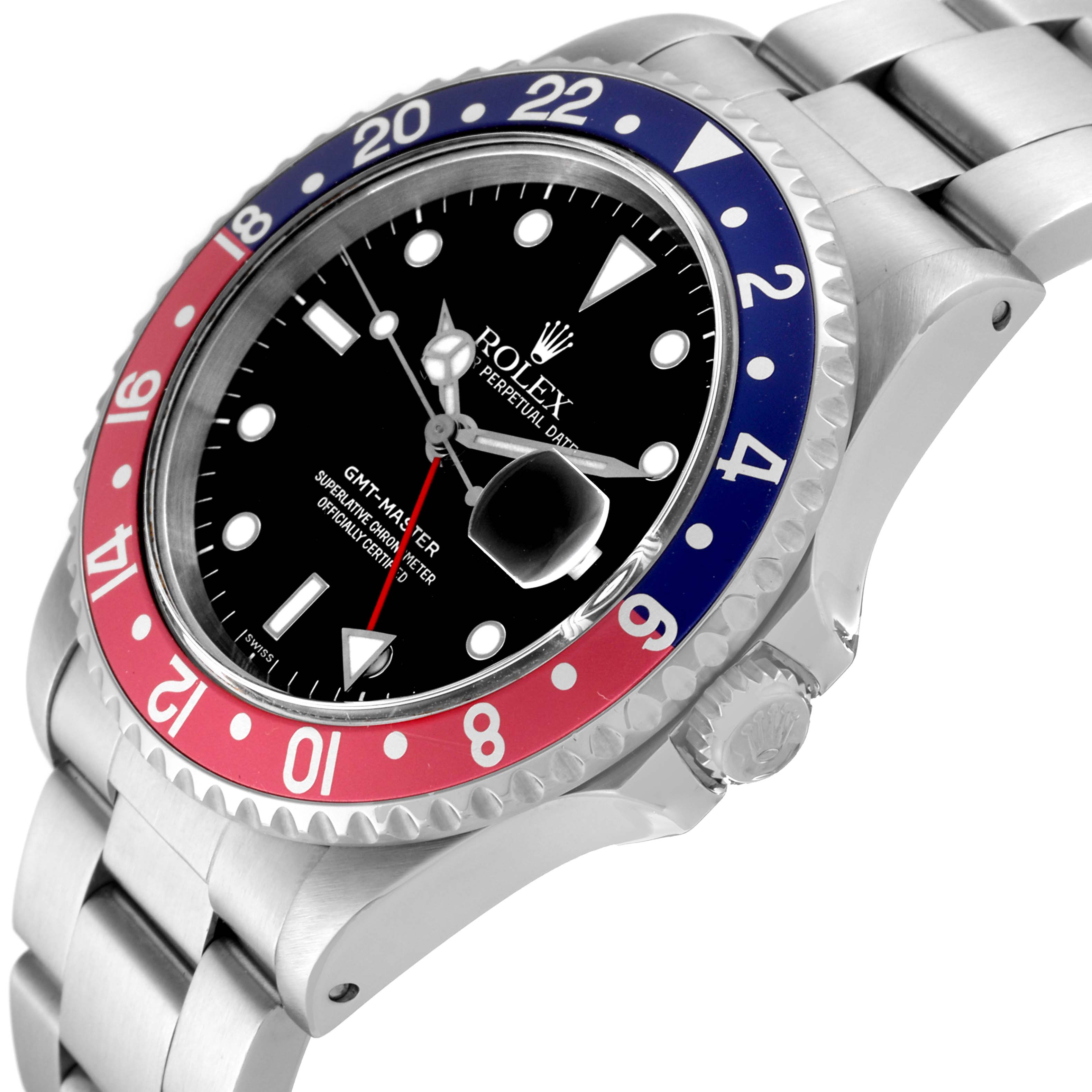 The Rolex GMT-Master 16700 Men
s Stainless Steel Black Dial 16700 Men
s Stainless Steel Black Dial watch is shown at a side angle featuring the bezel, crown, and part of the bracelet.