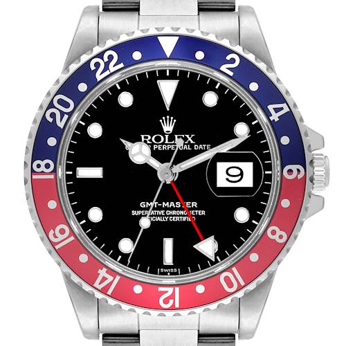 The image shows a front view of the Rolex GMT-Master watch, highlighting the dial, bezel, and part of the bracelet.