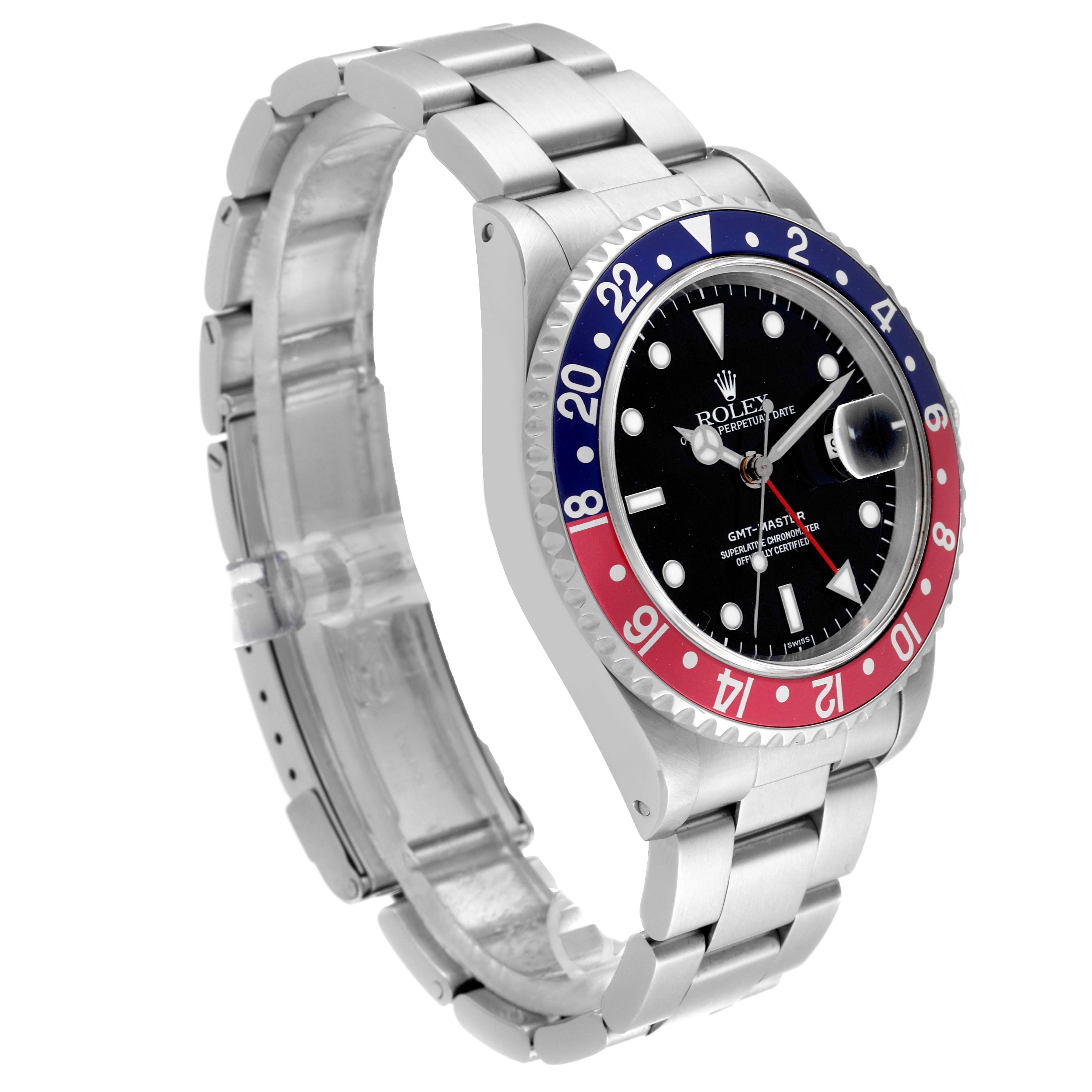 The Rolex GMT-Master 16700 Men
s Stainless Steel Black Dial 16700 Men
s Stainless Steel Black Dial watch is shown at a three-quarter angle, highlighting the face, bezel, and bracelet.