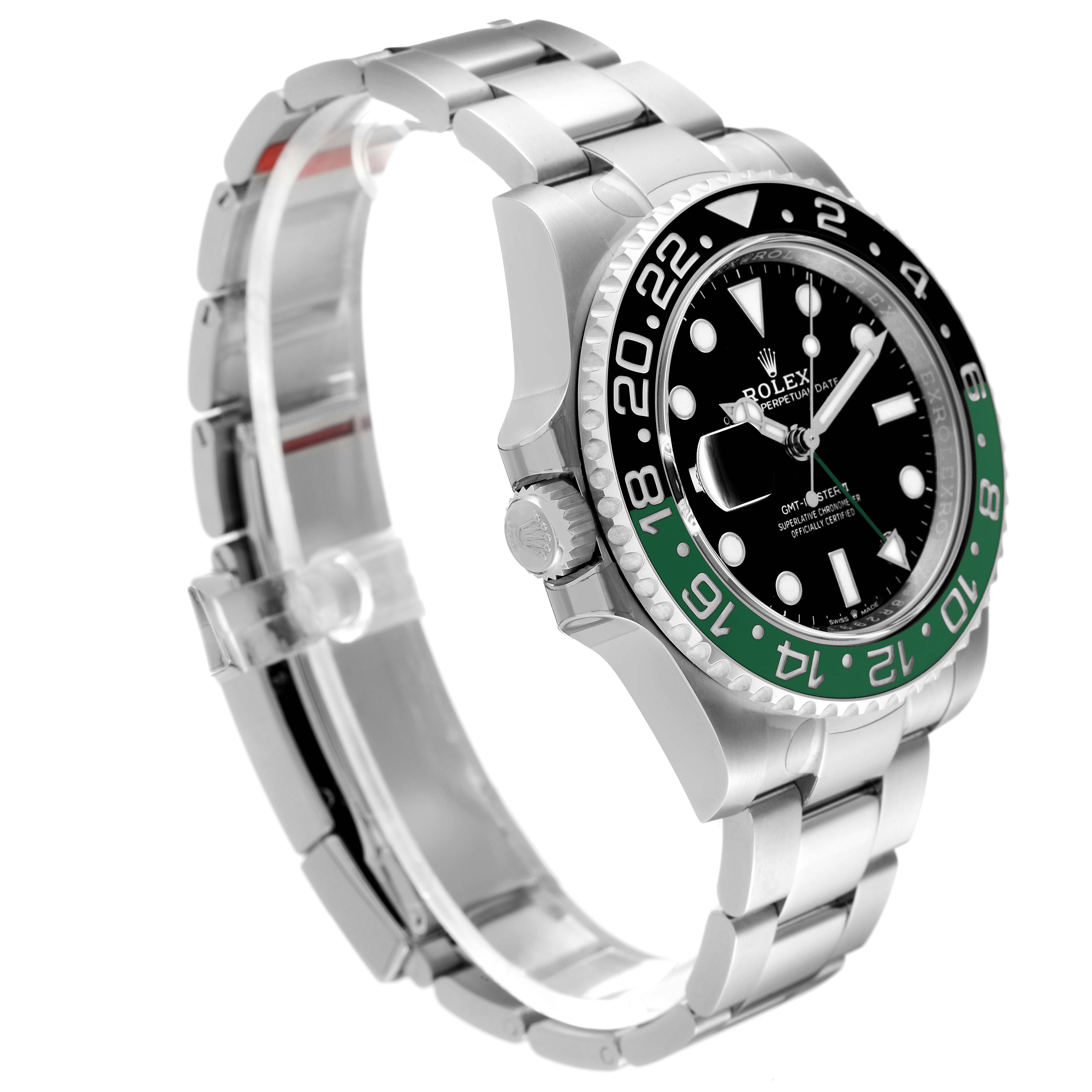 The image shows a side angle of a Rolex GMT-Master 126720VTNR-0001 Men
s Stainless Steel Black Dial 126720VTNR-0001 Men
s Stainless Steel Black Dial watch, highlighting its bracelet, bezel, and crown.