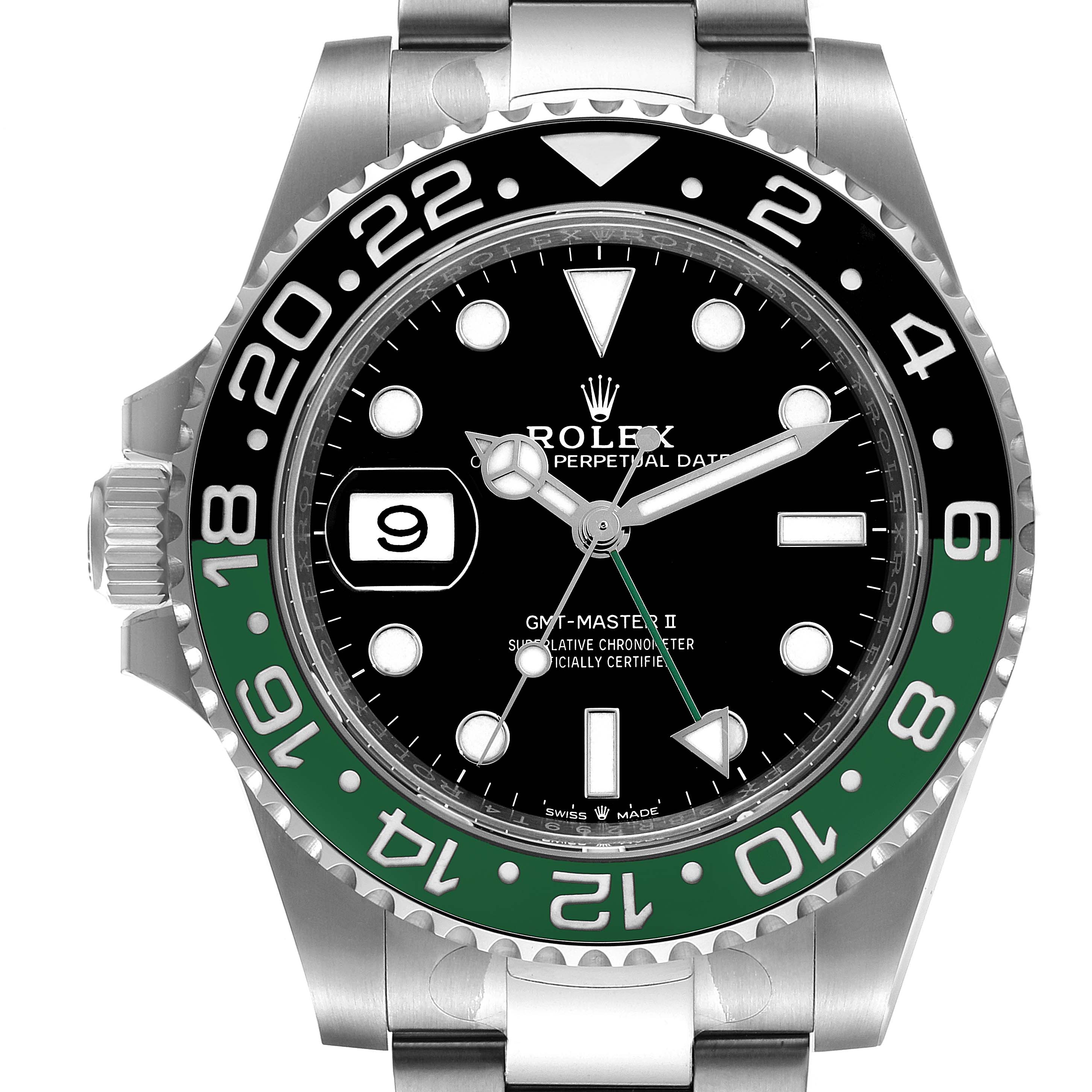 The image shows a Rolex GMT-Master 126720VTNR-0001 Men
s Stainless Steel Black Dial 126720VTNR-0001 Men
s Stainless Steel Black Dial II watch from a frontal angle, highlighting its face, bezel, and part of the bracelet.
