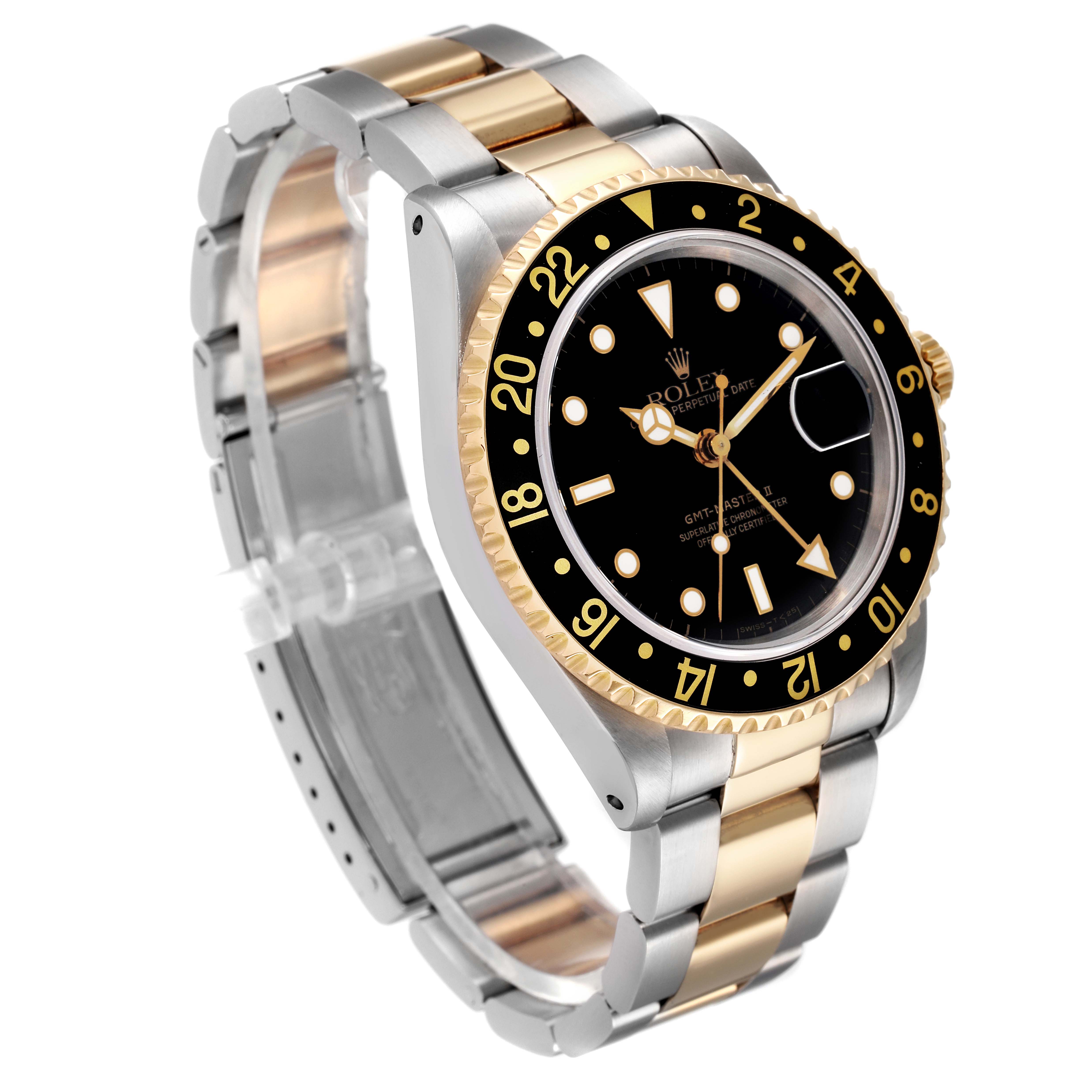 This image shows a Rolex GMT-Master 16713 Men
s Steel and Gold (two tone) Black Dial 16713 Men
s Steel and Gold (two tone) Black Dial watch at an angled side view, highlighting its black dial, bezel, and two-tone metal bracelet.