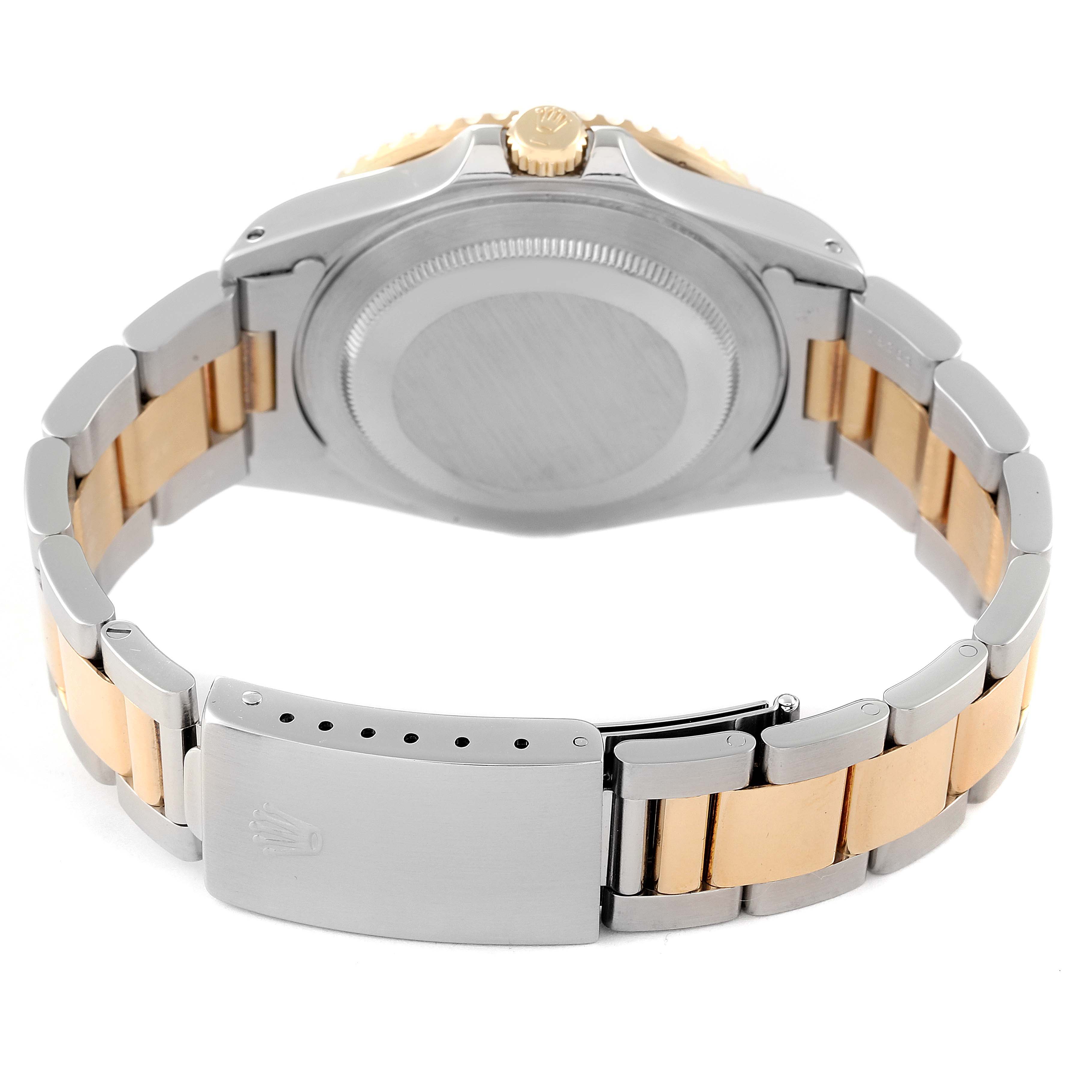 The image shows the back view of the Rolex GMT-Master 16713 Men
s Steel and Gold (two tone) Black Dial 16713 Men
s Steel and Gold (two tone) Black Dial watch, highlighting the case back, bracelet, and clasp.