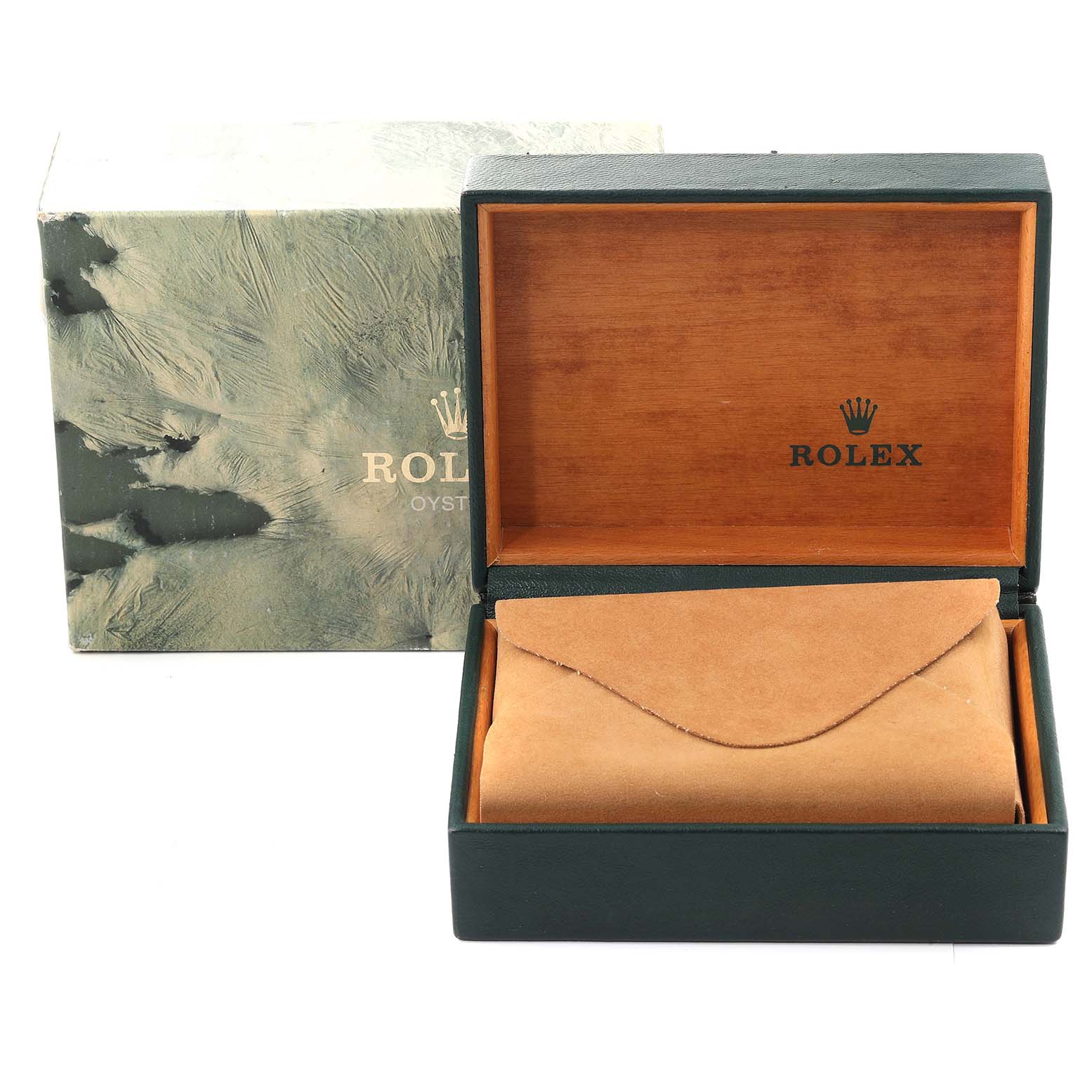 This image shows the packaging materials for the Rolex GMT-Master 16713 Men
s Steel and Gold (two tone) Black Dial 16713 Men
s Steel and Gold (two tone) Black Dial, including the outer box and the inner wooden case with a suede pouch.