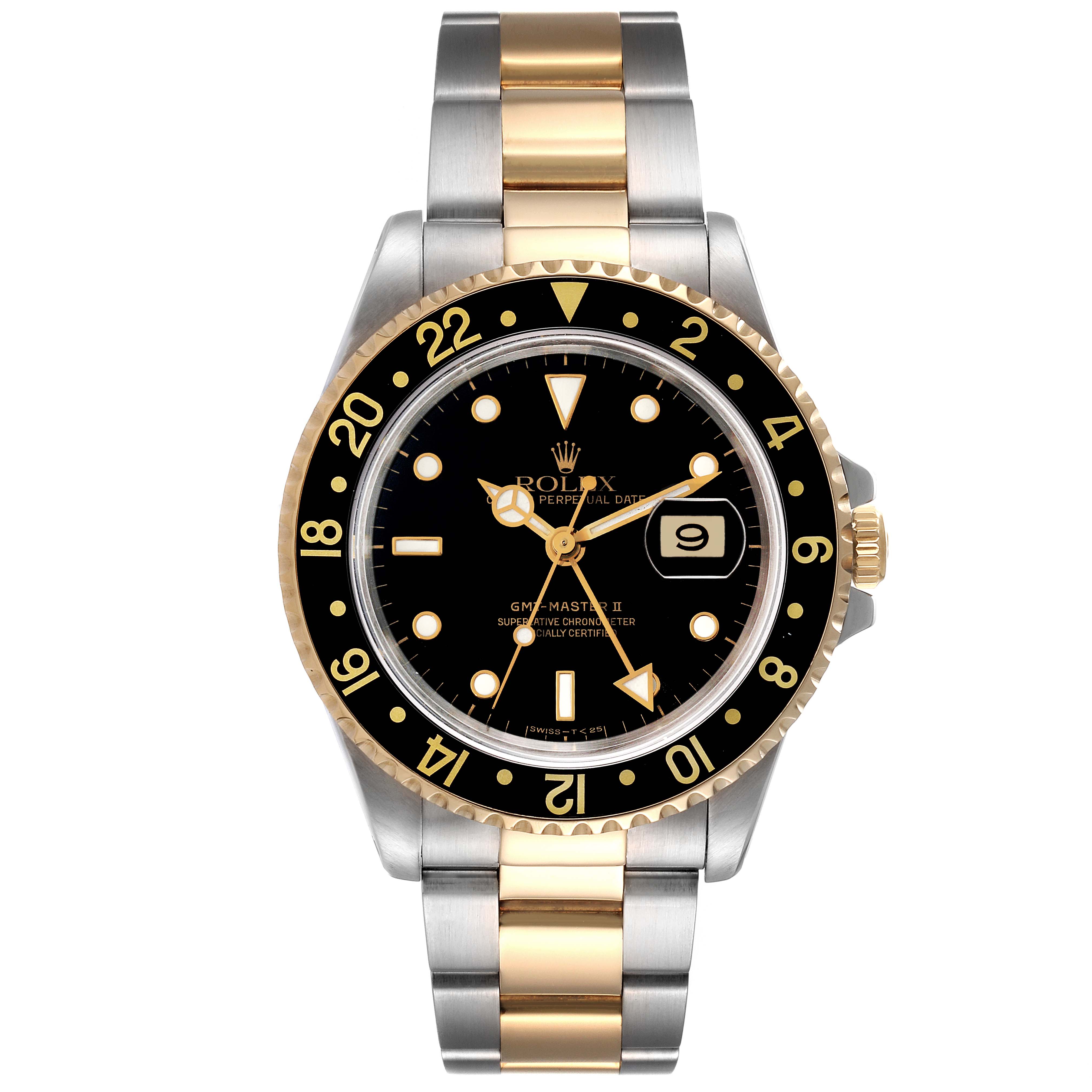 The image shows a top-down view of a Rolex GMT-Master 16713 Men
s Steel and Gold (two tone) Black Dial 16713 Men
s Steel and Gold (two tone) Black Dial II watch, including the dial, bezel, and bracelet.