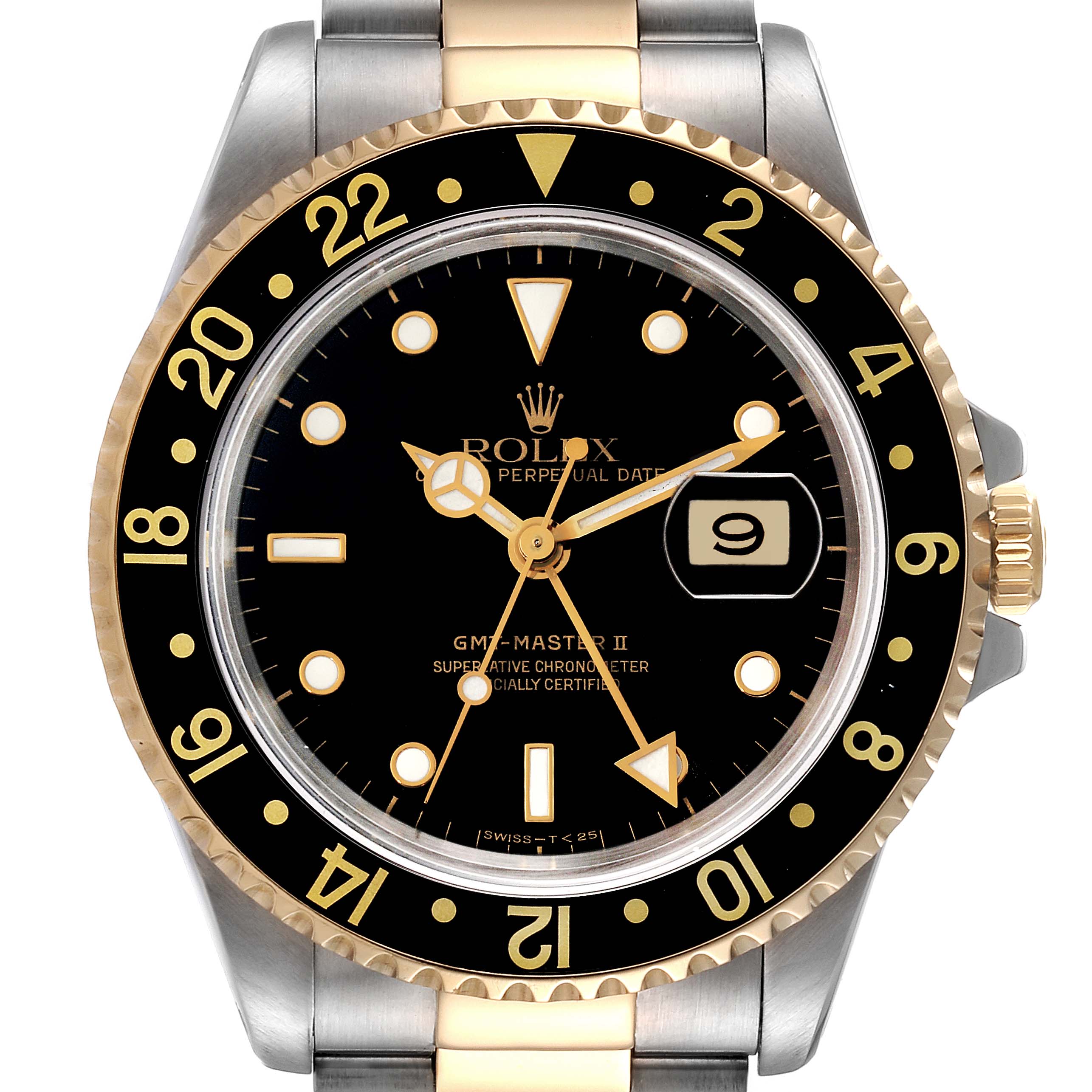 The image shows a front view of the face, bezel, and part of the bracelet of a Rolex GMT-Master 16713 Men
s Steel and Gold (two tone) Black Dial 16713 Men
s Steel and Gold (two tone) Black Dial II watch.