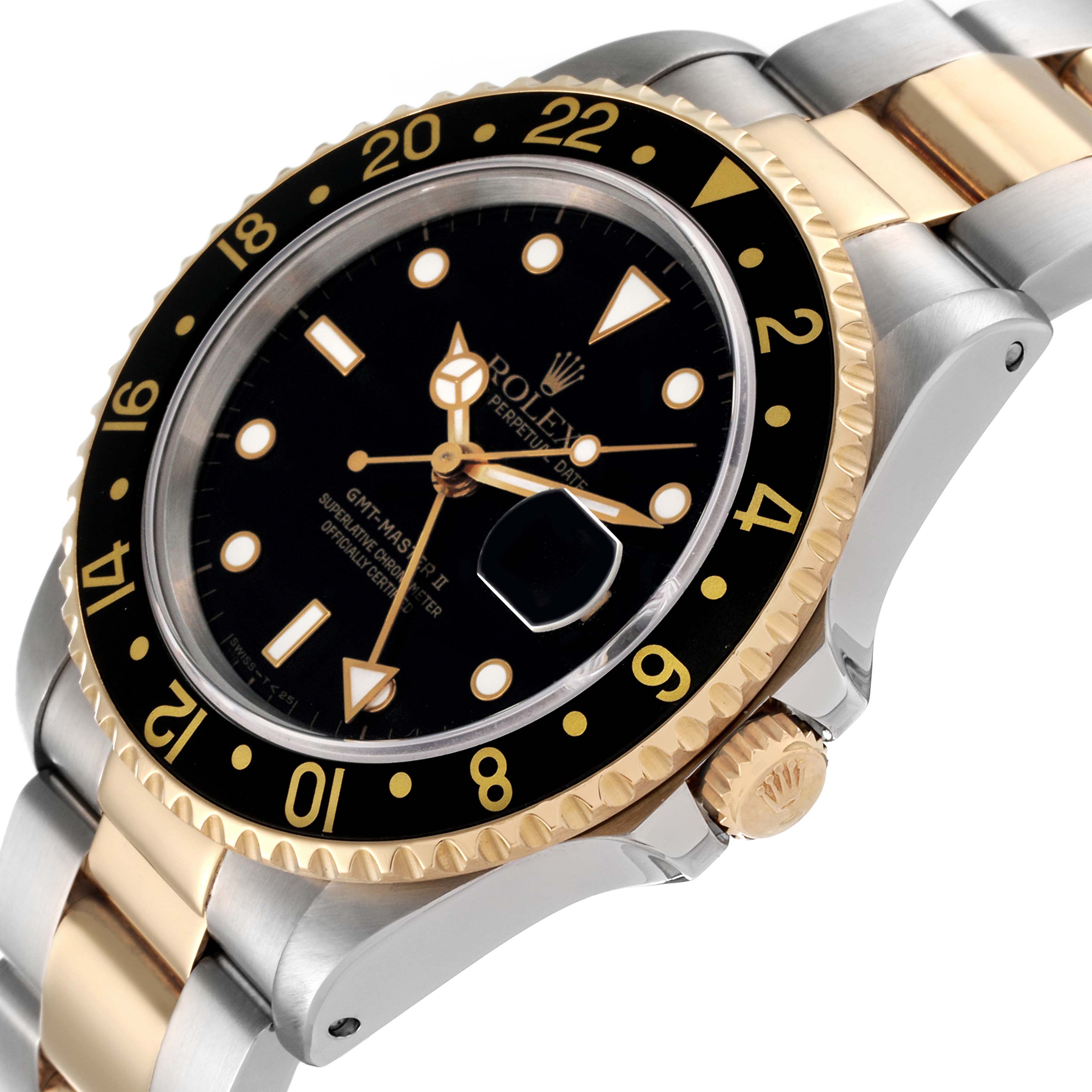 This image shows a close-up of a Rolex GMT-Master 16713 Men
s Steel and Gold (two tone) Black Dial 16713 Men
s Steel and Gold (two tone) Black Dial watch, highlighting the black and gold bezel, the dial, and part of the bracelet.