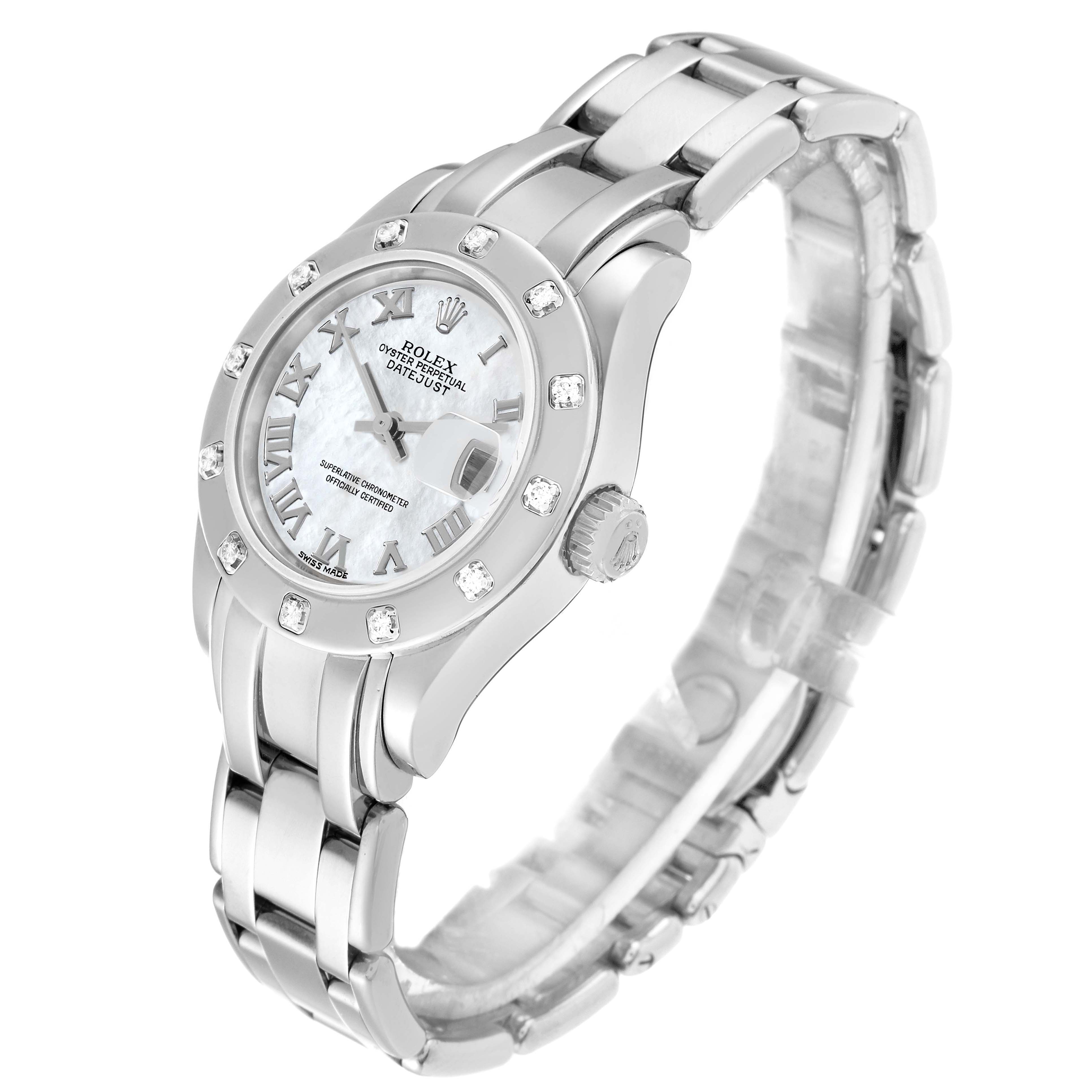 The Rolex Pearlmaster 80319 Women's White Gold Mother of Pearl Dial 80319 Women's White Gold Mother of Pearl Dial watch is shown at an angled view, displaying the face, bezel, crown, and part of the bracelet.