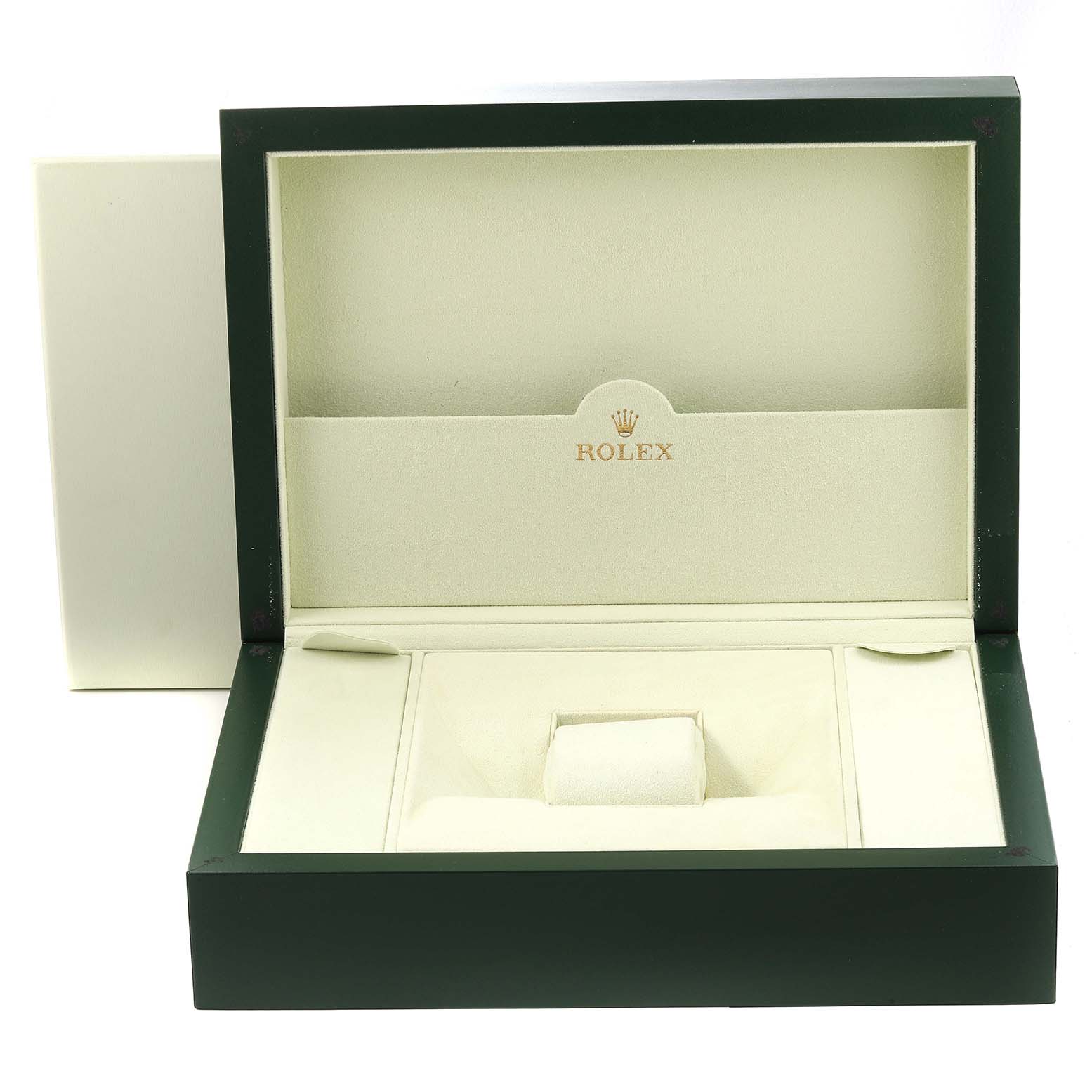 This image shows an open, empty Rolex Pearlmaster 80319 Women's White Gold Mother of Pearl Dial 80319 Women's White Gold Mother of Pearl Dial watch box from a front angle.