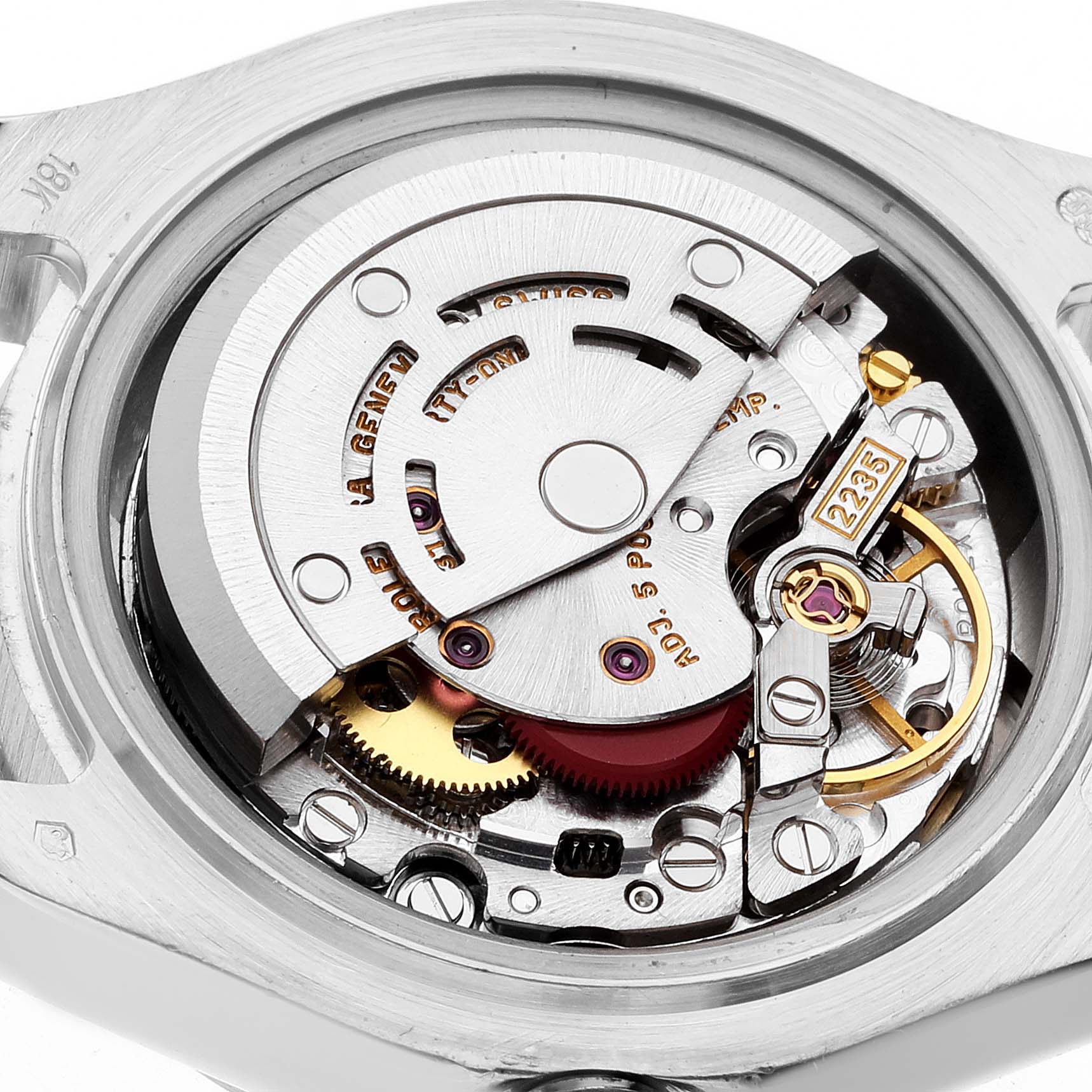 This image shows the internal movement mechanism of the Rolex Pearlmaster 80319 Women's White Gold Mother of Pearl Dial 80319 Women's White Gold Mother of Pearl Dial watch viewed from the back.