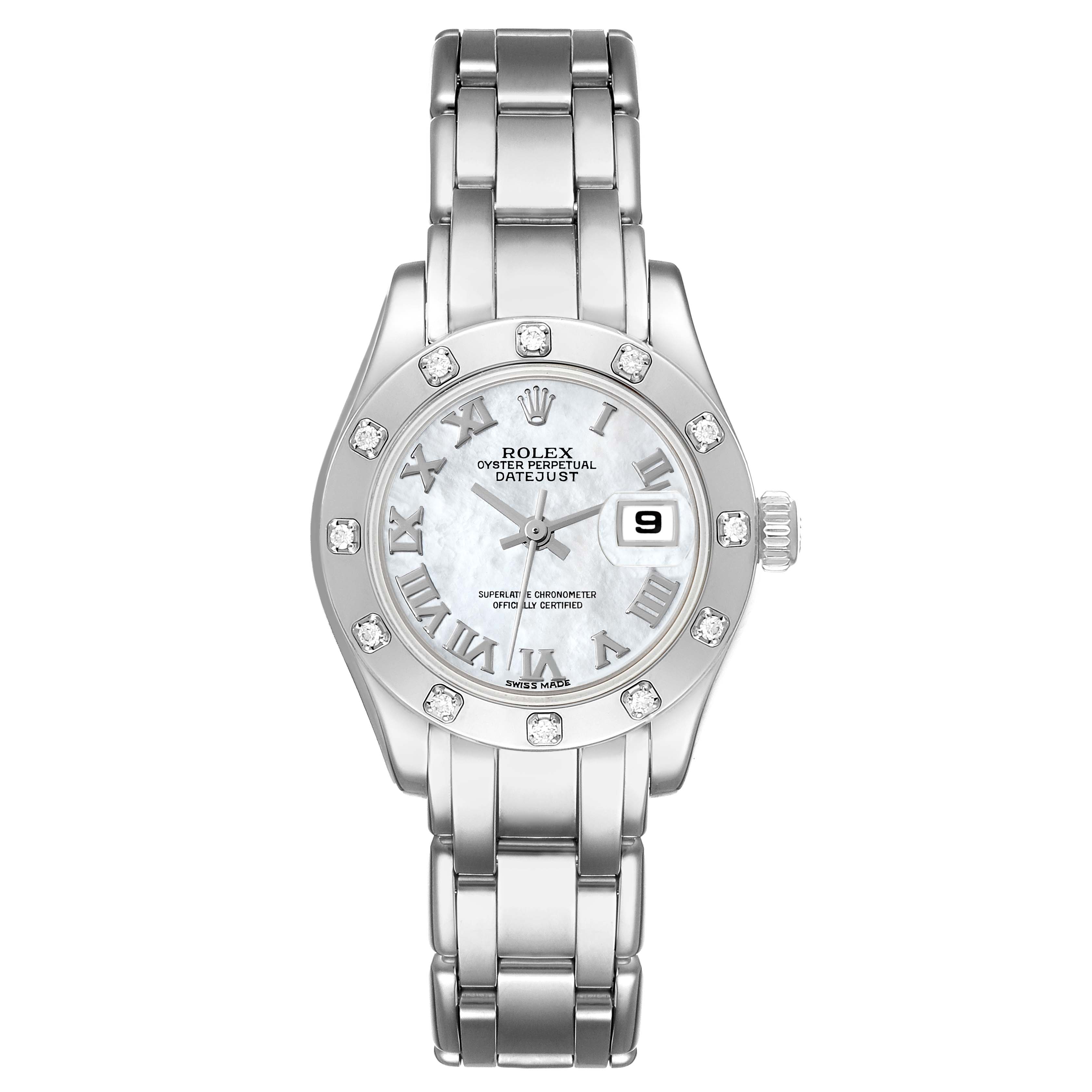 This image shows a front view of the Rolex Pearlmaster 80319 Women's White Gold Mother of Pearl Dial 80319 Women's White Gold Mother of Pearl Dial watch, highlighting its dial, bracelet, and bezel.