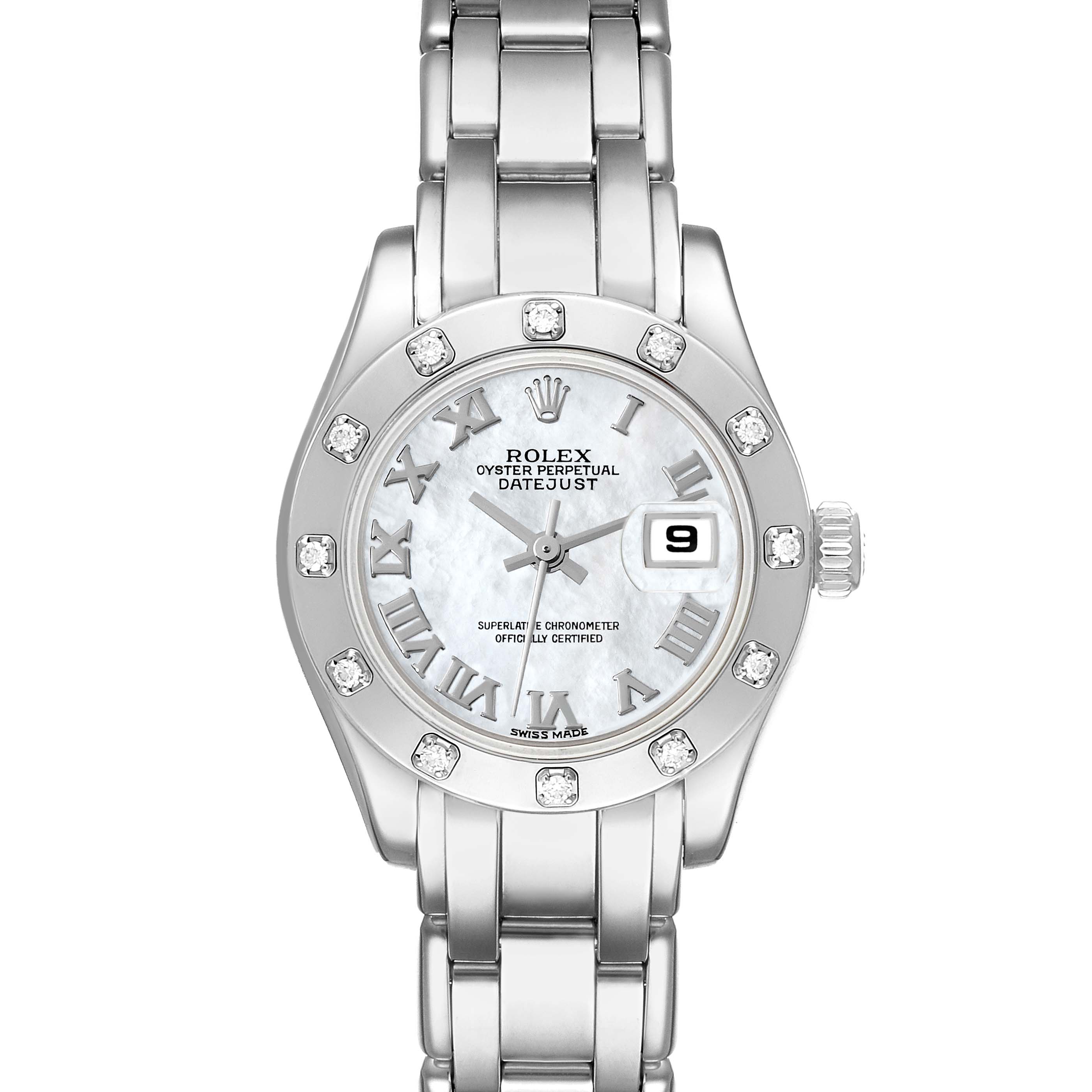 This is a front view of the Rolex Pearlmaster 80319 Women's White Gold Mother of Pearl Dial 80319 Women's White Gold Mother of Pearl Dial watch, displaying its face, bezel, crown, and bracelet.