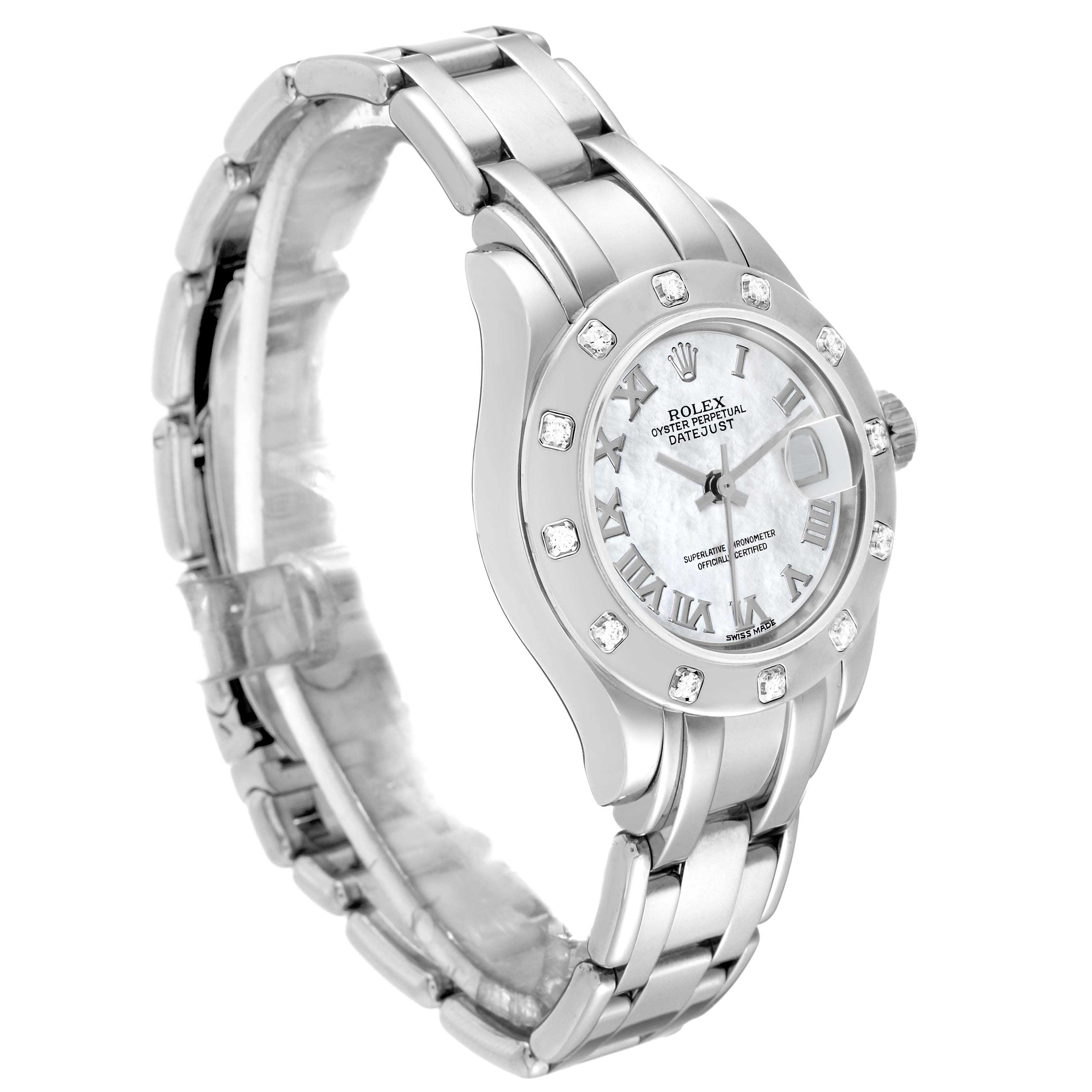 The image shows a tilted side view of the Rolex Pearlmaster 80319 Women's White Gold Mother of Pearl Dial 80319 Women's White Gold Mother of Pearl Dial watch, highlighting its bezel, dial, and band.