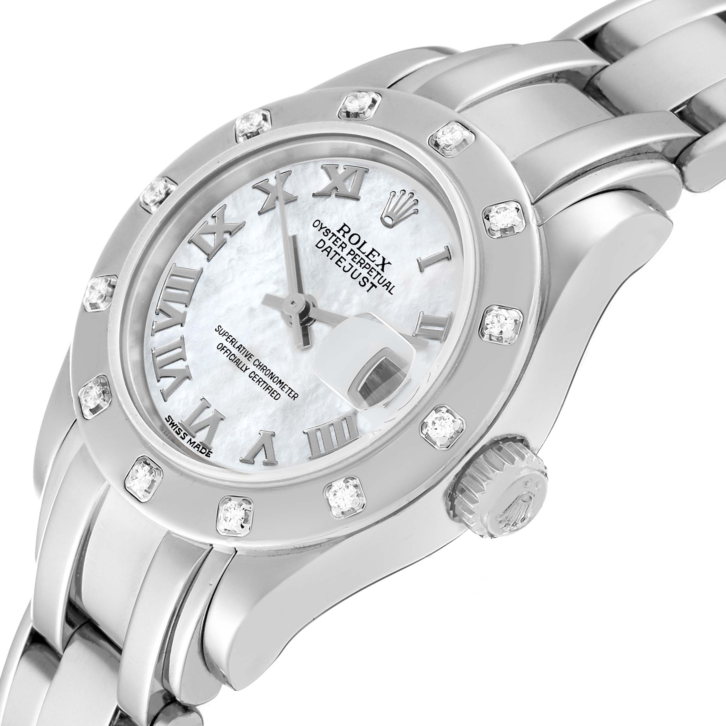 The image shows a Rolex Pearlmaster 80319 Women's White Gold Mother of Pearl Dial 80319 Women's White Gold Mother of Pearl Dial watch at a three-quarter angle highlighting the dial, bezel, crown, and part of the bracelet.