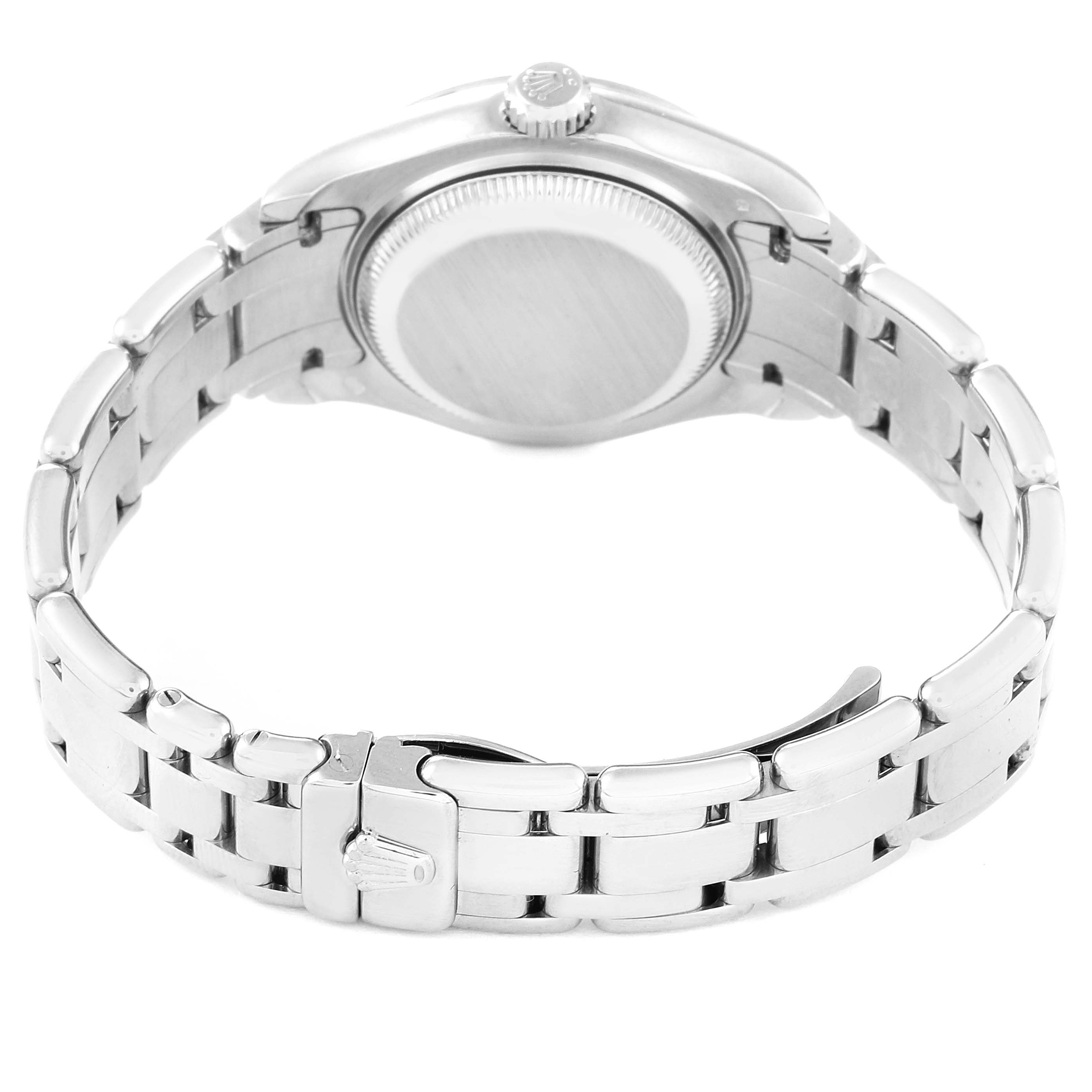 The image shows the back view of a Rolex Pearlmaster 80319 Women's White Gold Mother of Pearl Dial 80319 Women's White Gold Mother of Pearl Dial watch, highlighting its bracelet and clasp.