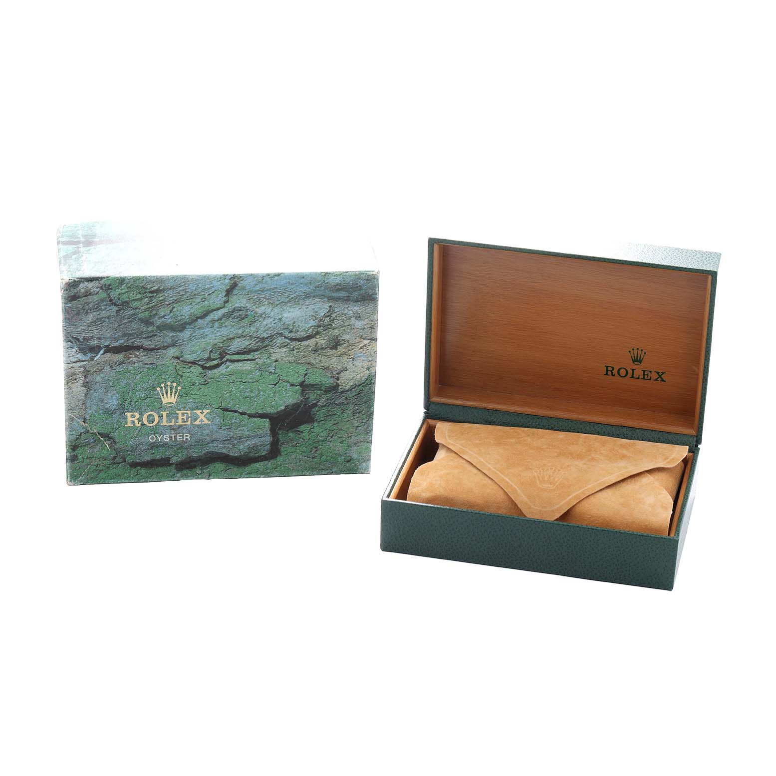 The image shows a Rolex Oyster Perpetual 67513 Women
s Steel and Gold (two tone) Silver Dial box set, with a closed watch box and a matching sleeve.