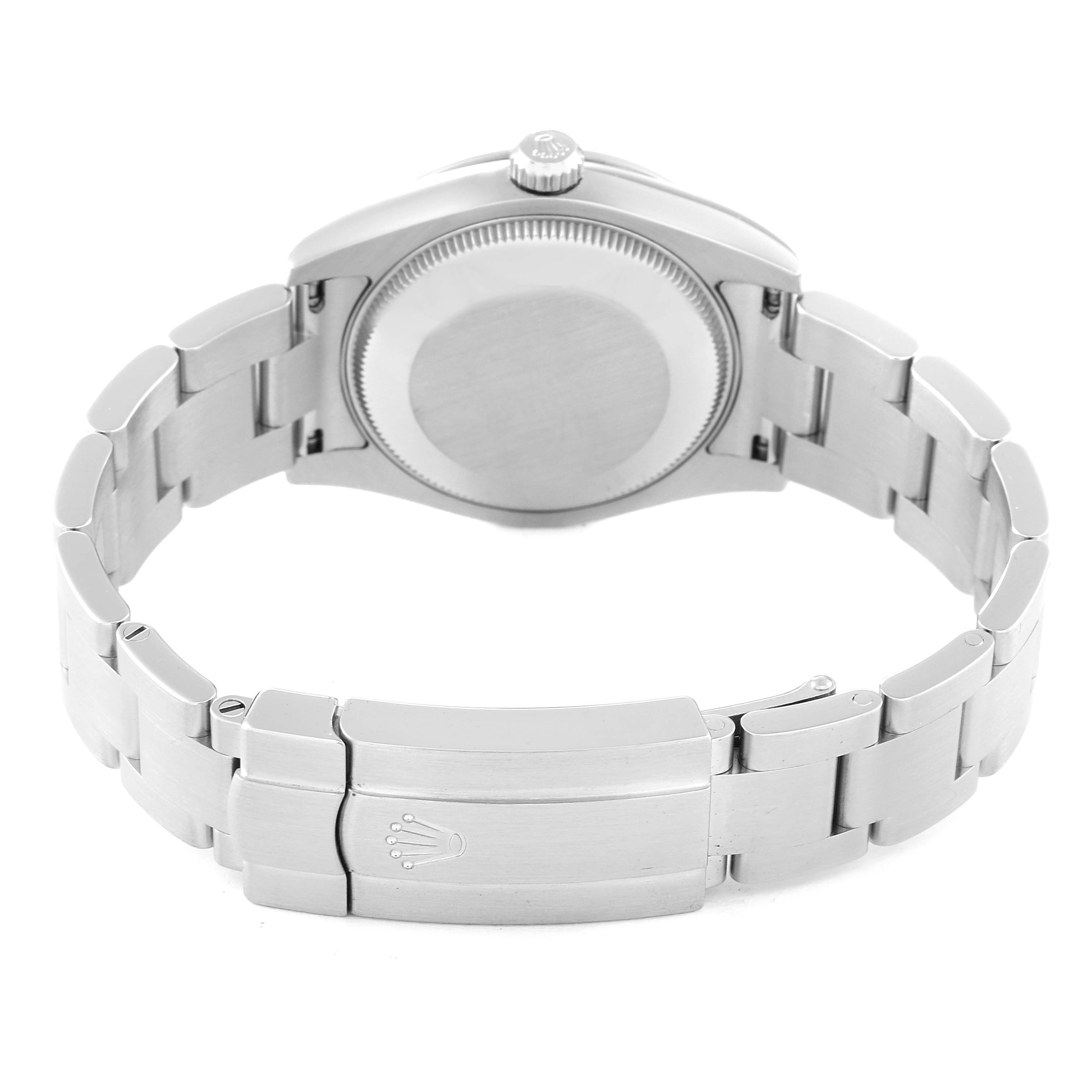 This is a rear view of the bracelet clasp and case back of a Mid-Size Rolex watch.