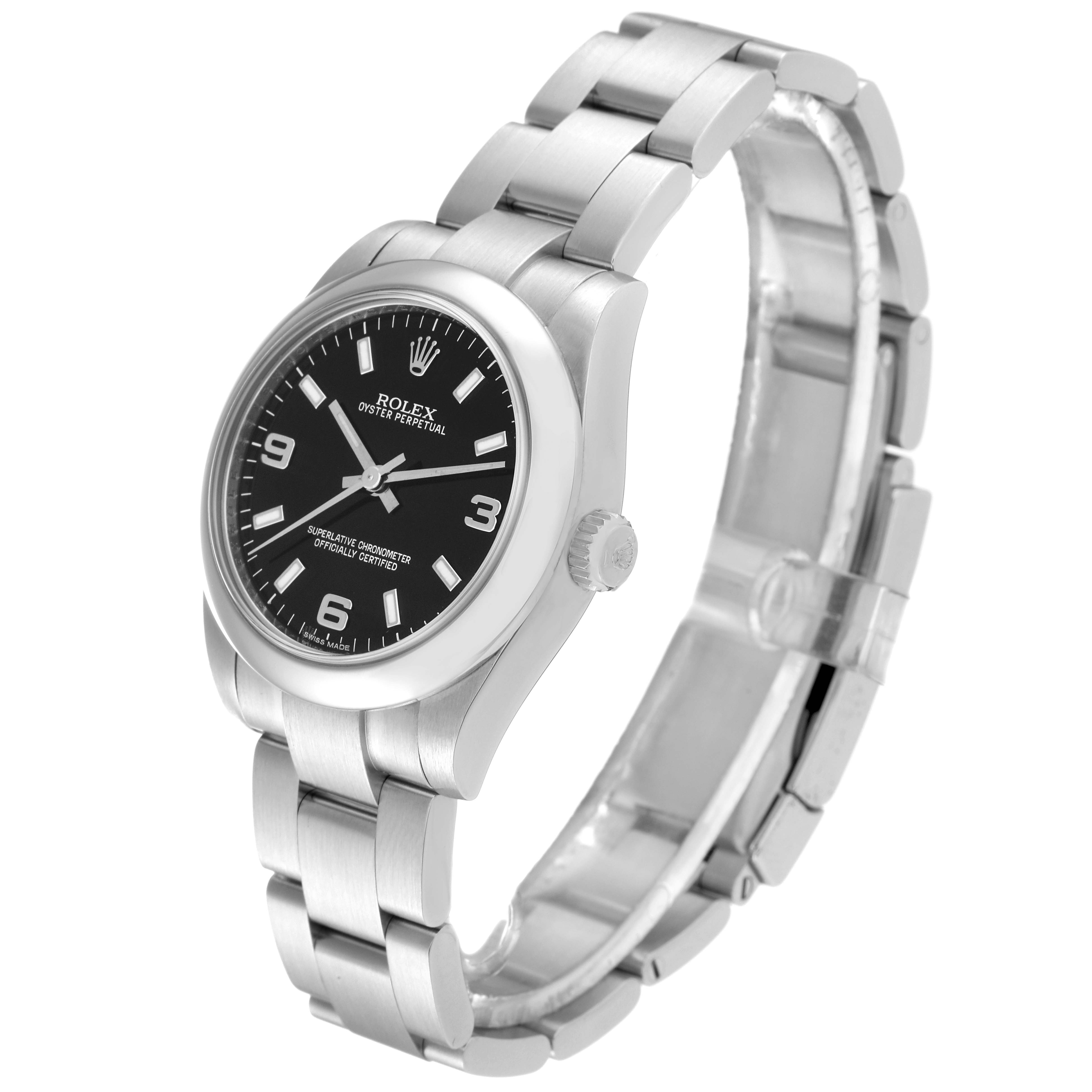 The image shows a Mid-Size Rolex watch at a three-quarter angle, displaying the face, bezel, crown, and bracelet.