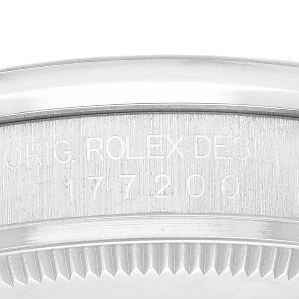 This close-up image shows the side of a Mid-Size Rolex watch case, highlighting the model number "177200" and "ORIG. ROLEX. DESIGN" engraving.