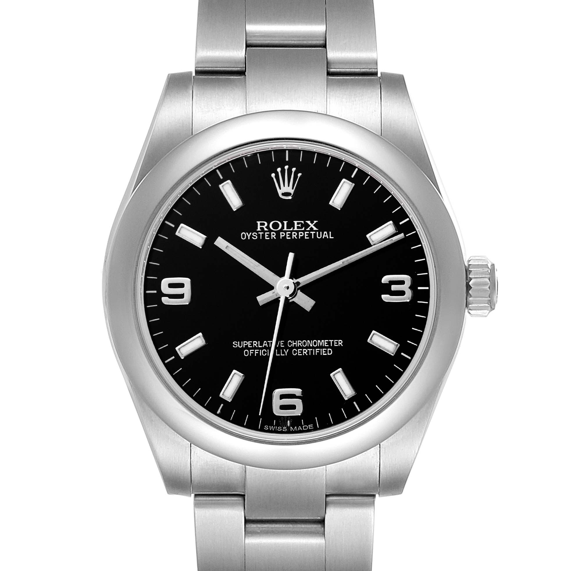 This image shows a front view of a Rolex Oyster Perpetual Mid-Size watch, displaying the dial, bezel, crown, and bracelet.
