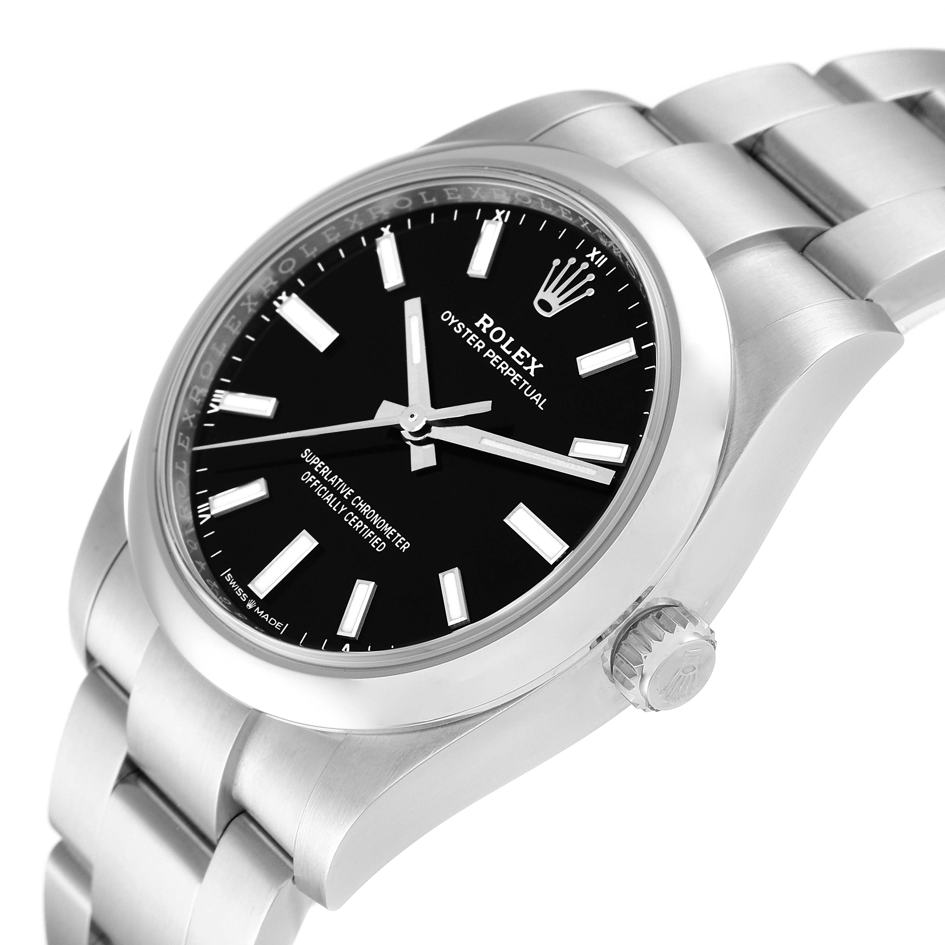 The image shows a close-up angle of the Rolex Oyster Perpetual 124200 Men's Stainless Steel Black Dial 124200 Men's Stainless Steel Black Dial watch, highlighting its black dial, hands, crown, and stainless steel bracelet.