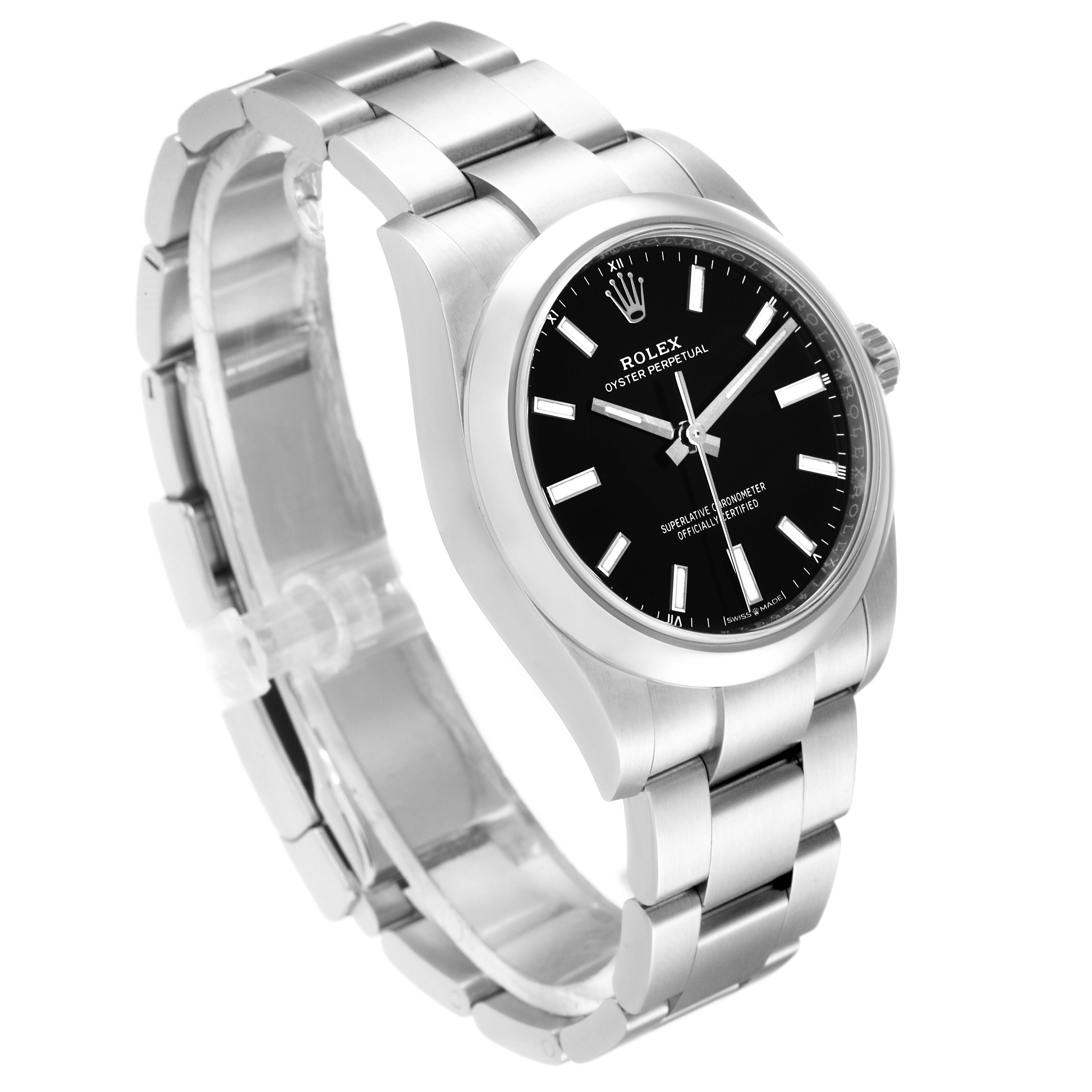 The image shows a Rolex Oyster Perpetual 124200 Men's Stainless Steel Black Dial 124200 Men's Stainless Steel Black Dial watch with a side profile angle, displaying the bracelet and face.