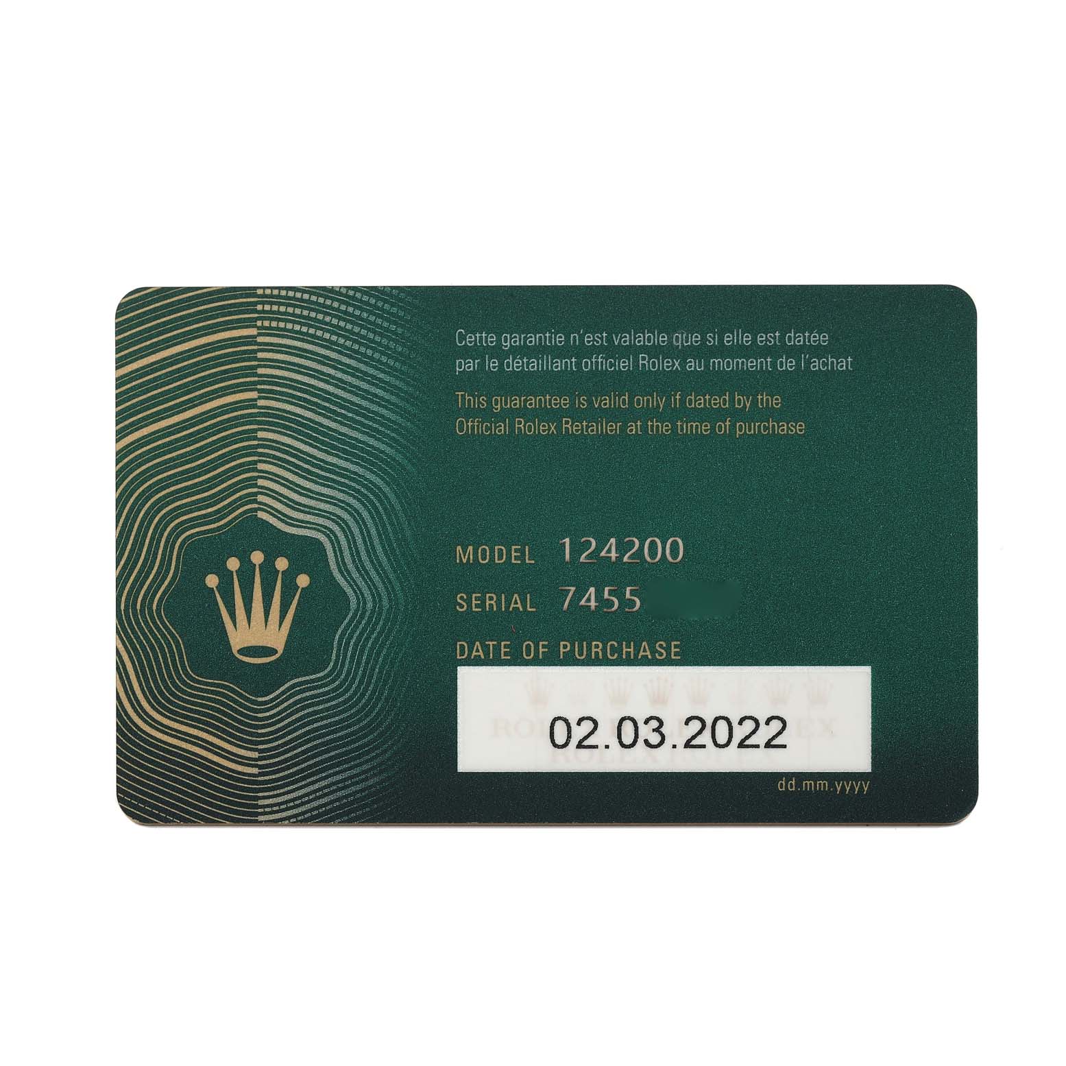 The image shows a warranty card for a Rolex Oyster Perpetual 124200 Men's Stainless Steel Black Dial 124200 Men's Stainless Steel Black Dial model 124200, including purchase date and serial number.
