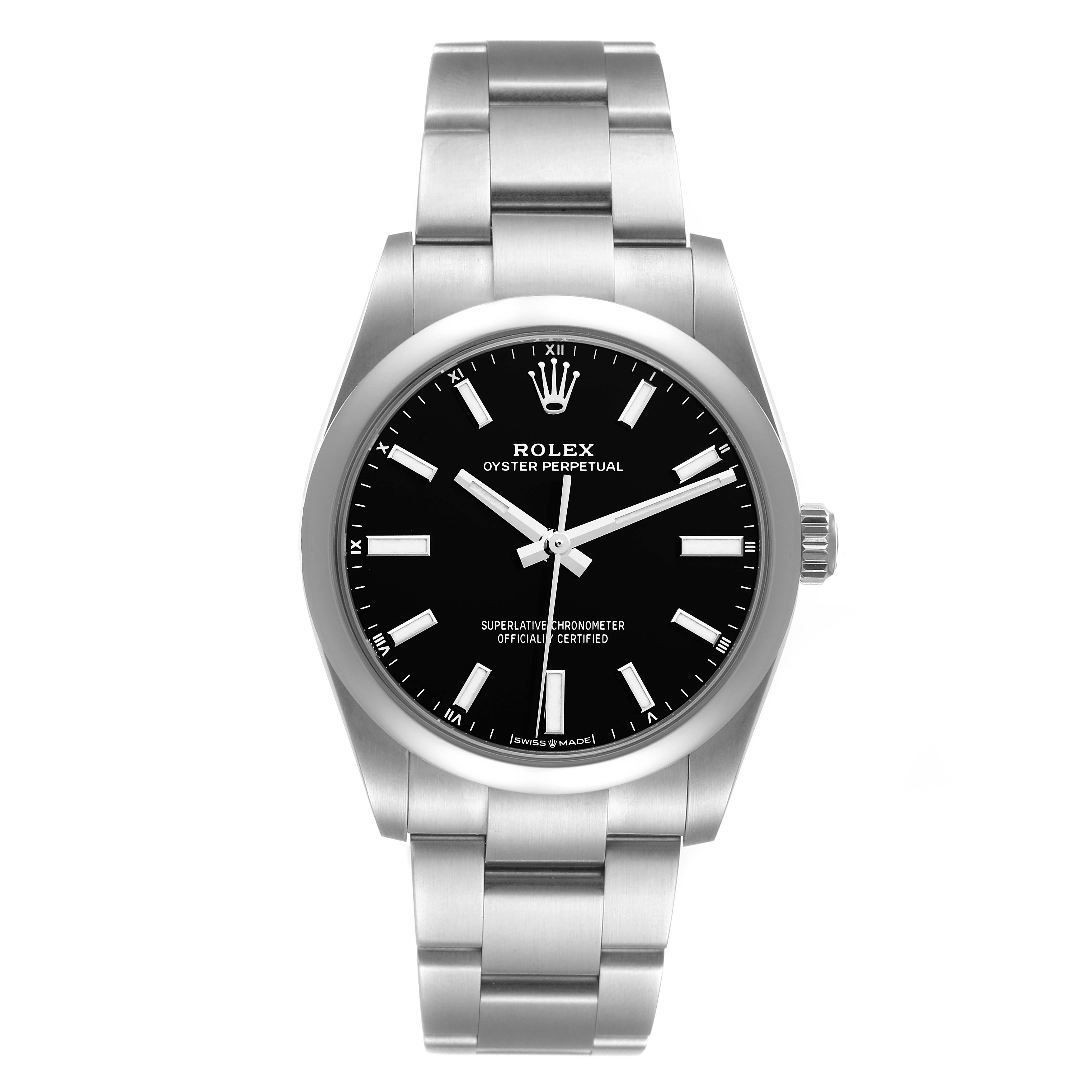 This image shows a front view of the Rolex Oyster Perpetual 124200 Men's Stainless Steel Black Dial 124200 Men's Stainless Steel Black Dial watch, featuring its face, bezel, and bracelet.