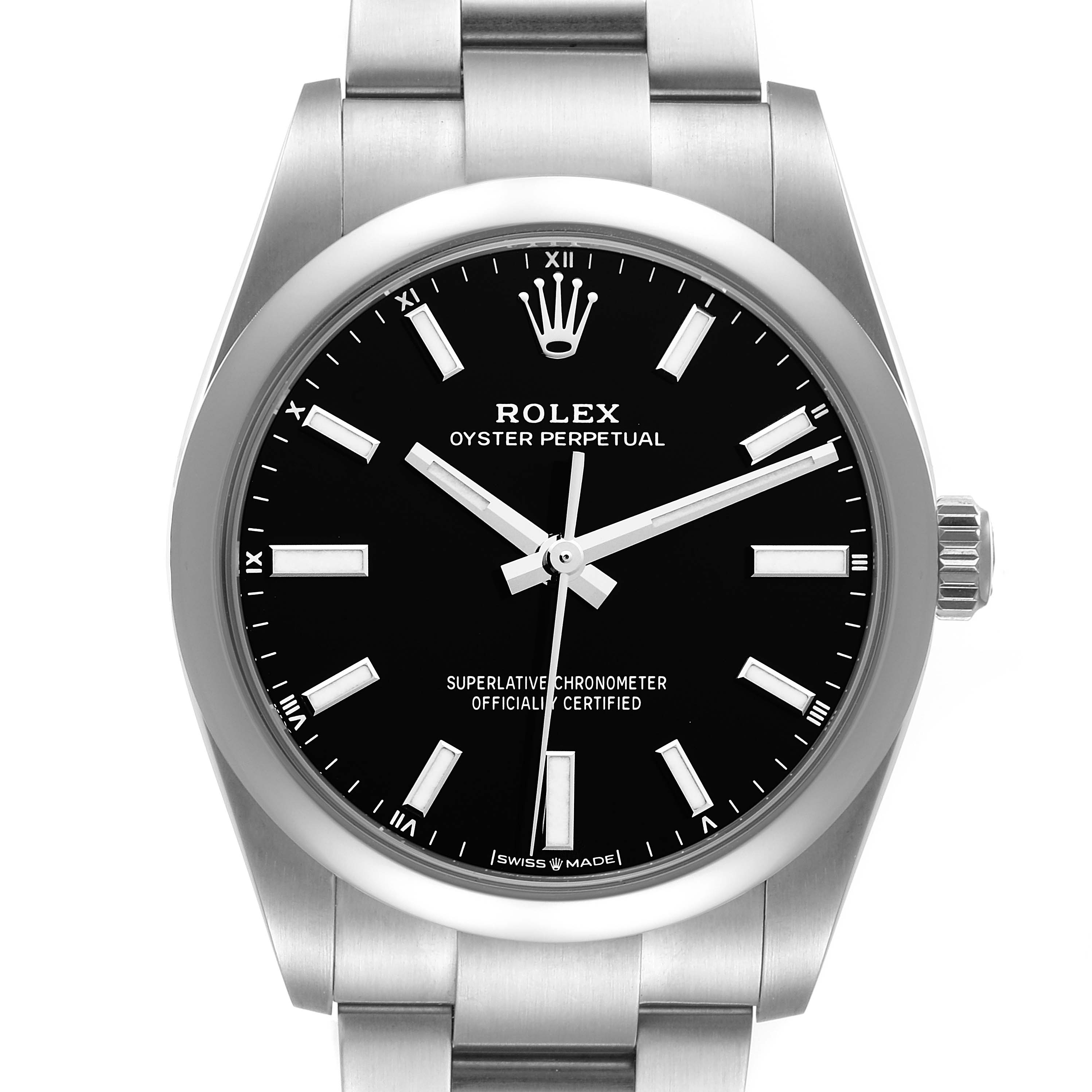 This image shows a close-up, front view of the face and part of the bracelet of a Rolex Oyster Perpetual 124200 Men's Stainless Steel Black Dial 124200 Men's Stainless Steel Black Dial watch.