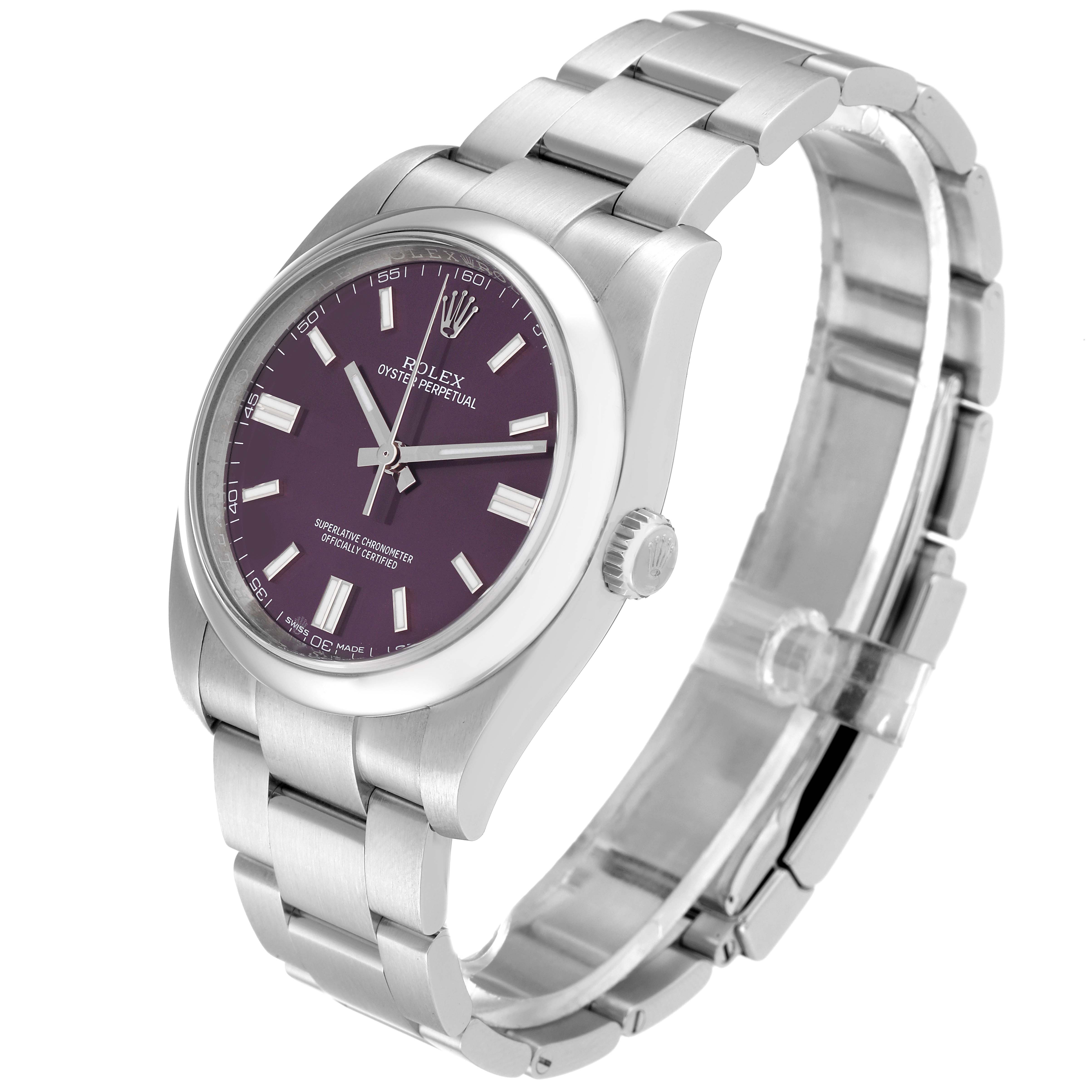 The image shows a Rolex Oyster Perpetual 116000 Men
s Stainless Steel Purple Dial 116000 Men
s Stainless Steel Purple Dial watch angled from the front-left, highlighting the dial, bracelet, and crown.