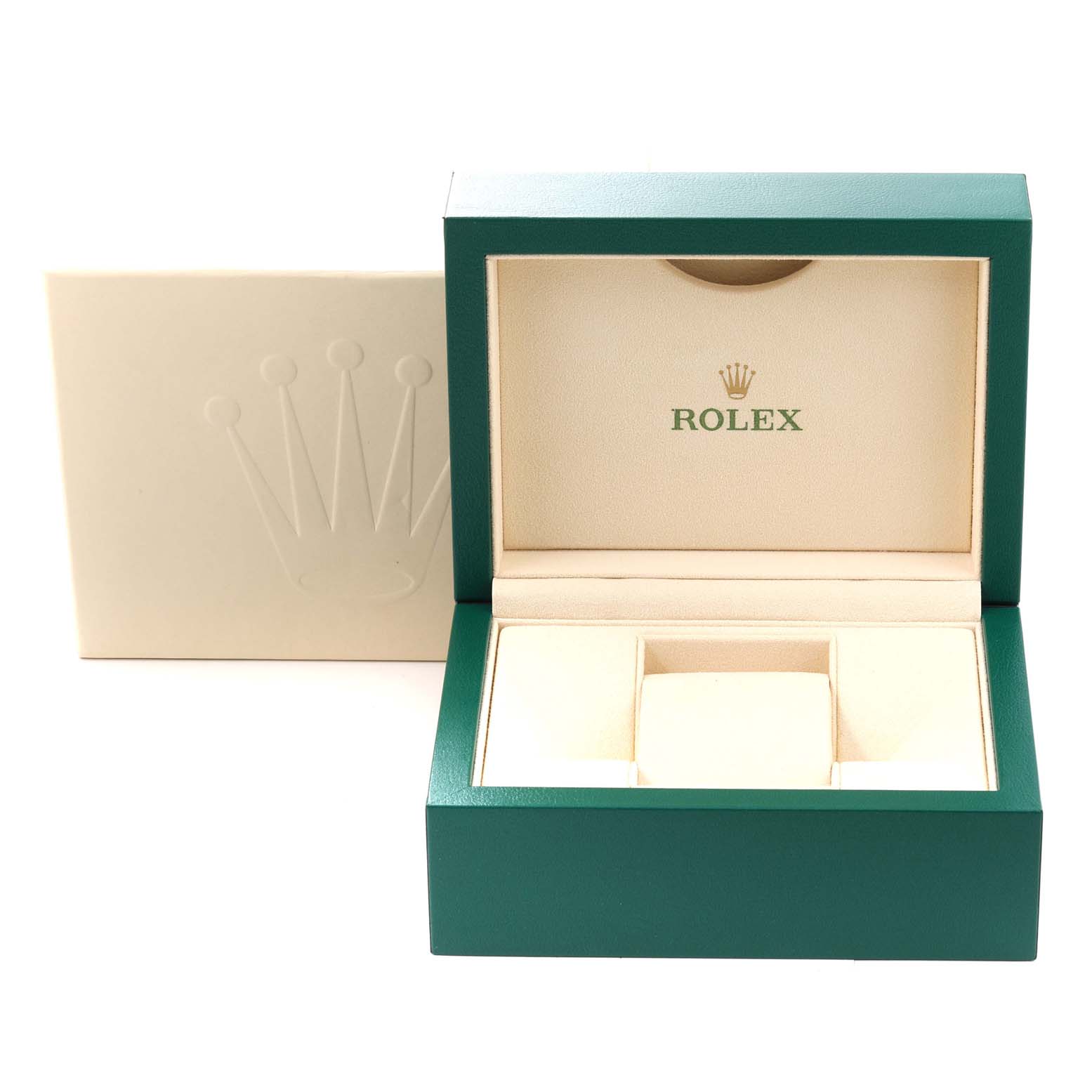 This image shows the open presentation box and outer packaging for a Rolex Oyster Perpetual 116000 Men
s Stainless Steel Purple Dial 116000 Men
s Stainless Steel Purple Dial watch from a slightly front angle.