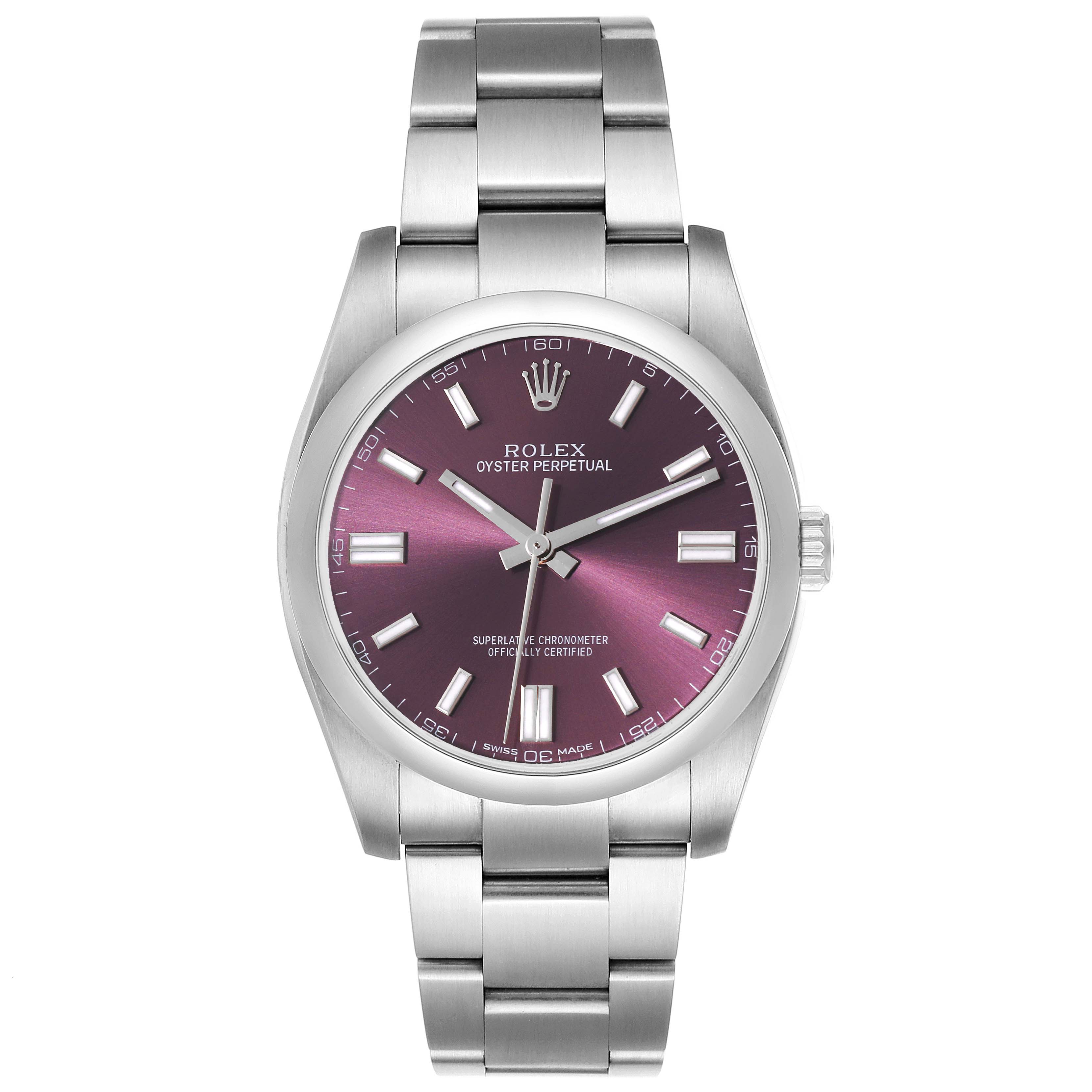 The image shows a front view of a Rolex Oyster Perpetual 116000 Men
s Stainless Steel Purple Dial 116000 Men
s Stainless Steel Purple Dial watch with a stainless steel band and a purple dial.