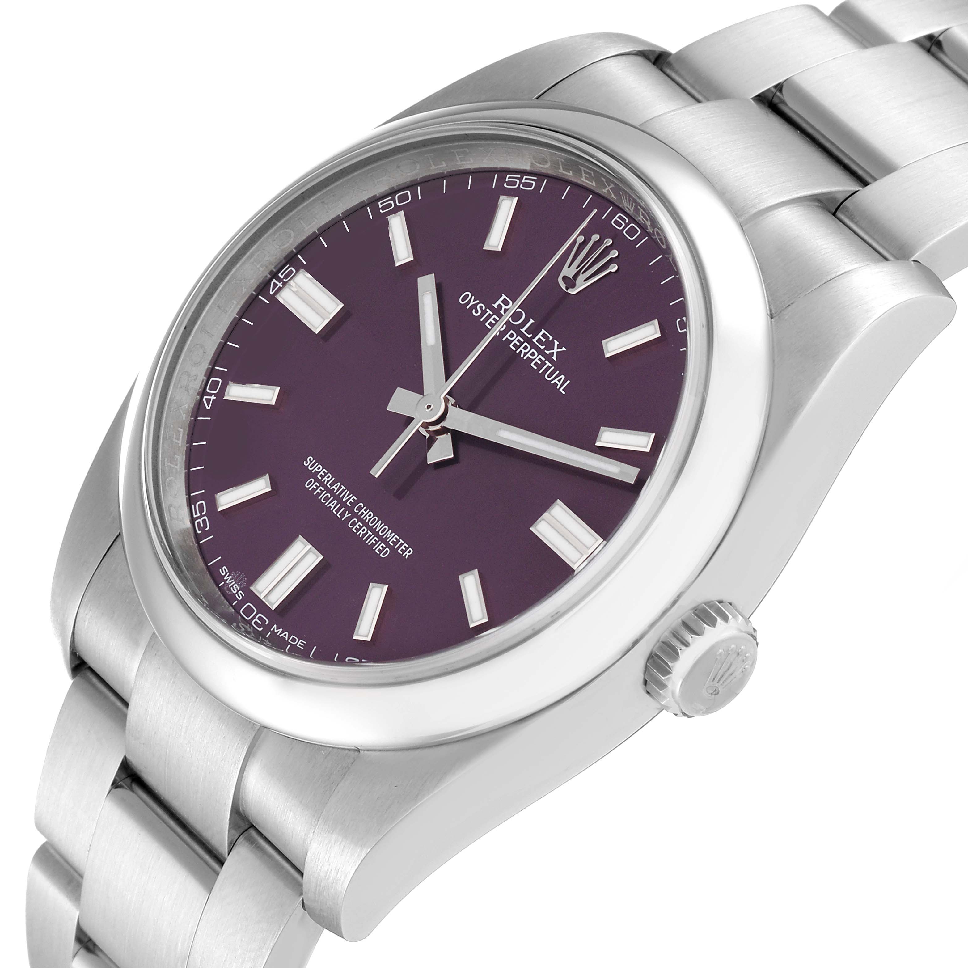 This image shows a Rolex Oyster Perpetual 116000 Men
s Stainless Steel Purple Dial 116000 Men
s Stainless Steel Purple Dial watch at a slight angle, highlighting the dial, case, bracelet, and crown.