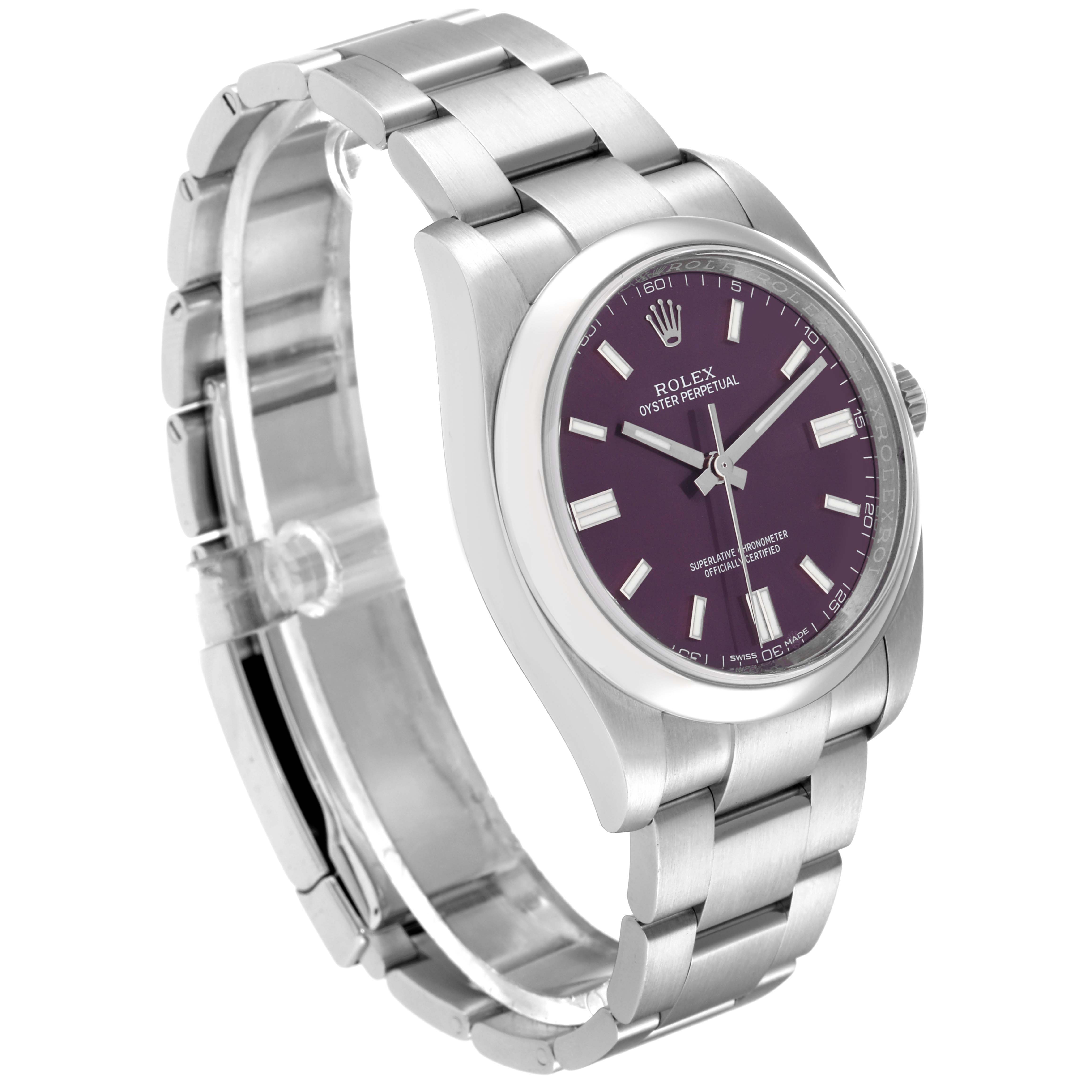 The Rolex Oyster Perpetual 116000 Men
s Stainless Steel Purple Dial 116000 Men
s Stainless Steel Purple Dial watch is shown at a slight angle, highlighting the dial, bracelet, and clasp.