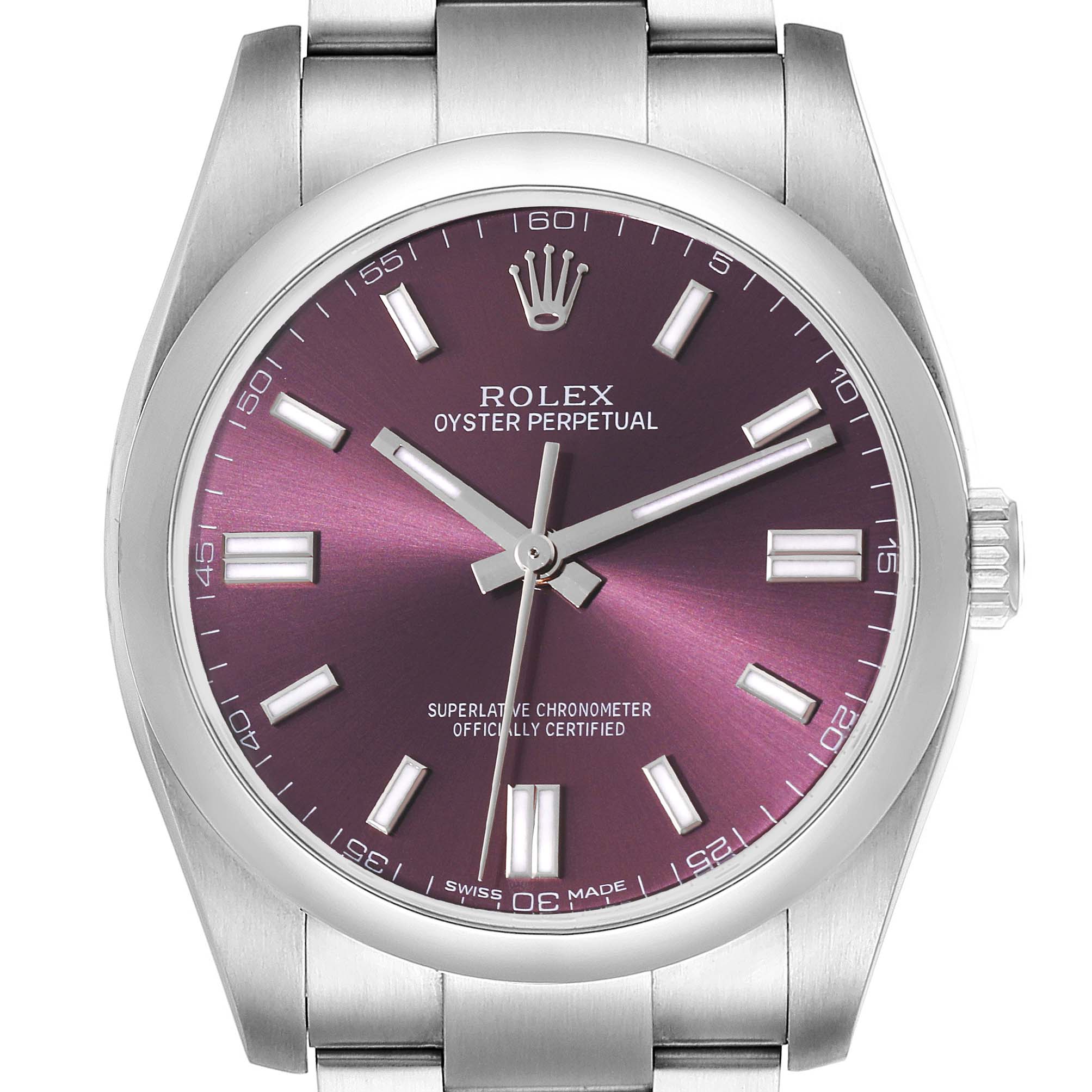 This image shows the watch face and bracelet of a Rolex Oyster Perpetual 116000 Men
s Stainless Steel Purple Dial 116000 Men
s Stainless Steel Purple Dial model, viewed from the front.