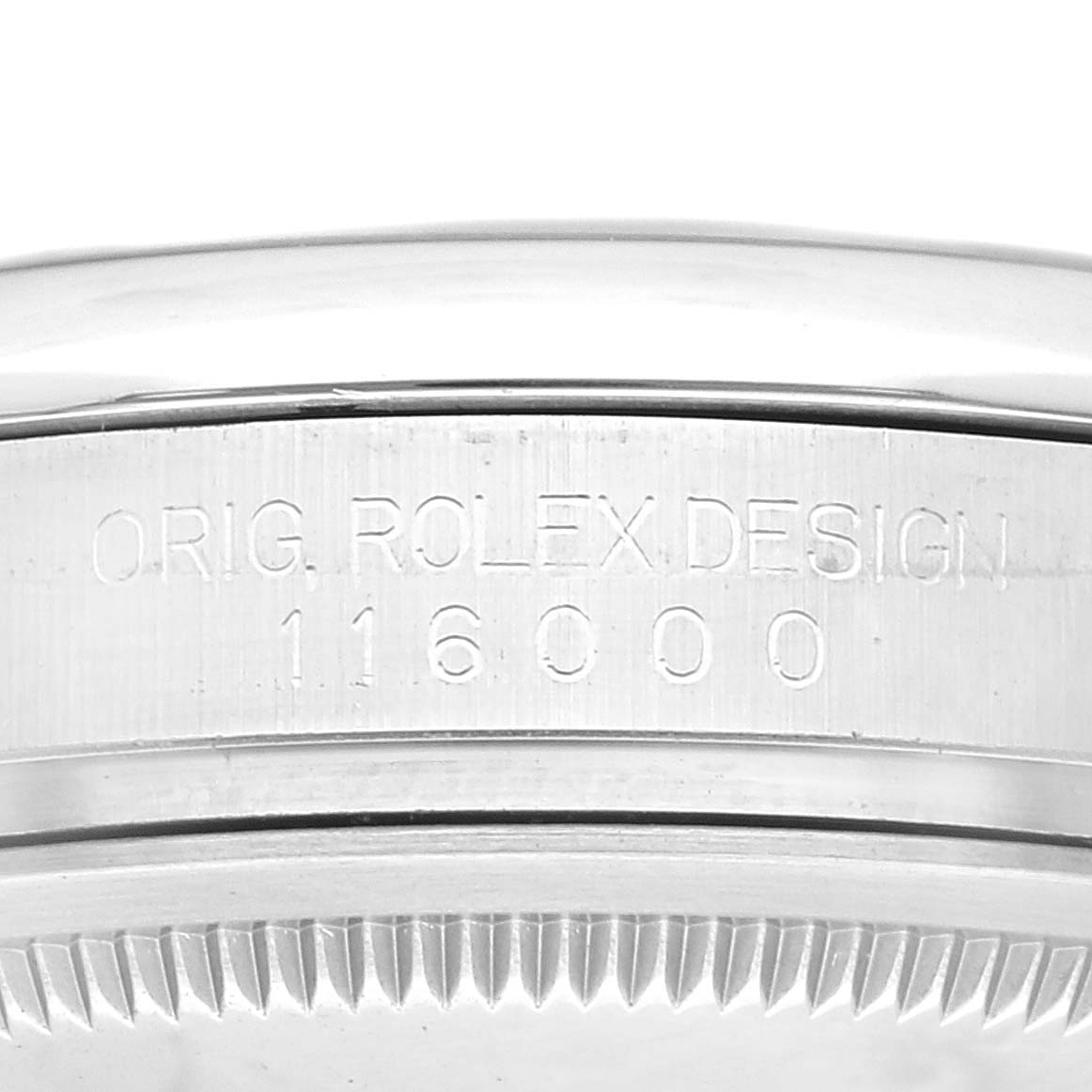 This image shows the side engraving of a Rolex Oyster Perpetual 116000 Men
s Stainless Steel Purple Dial 116000 Men
s Stainless Steel Purple Dial watch case, displaying the model number 116000.