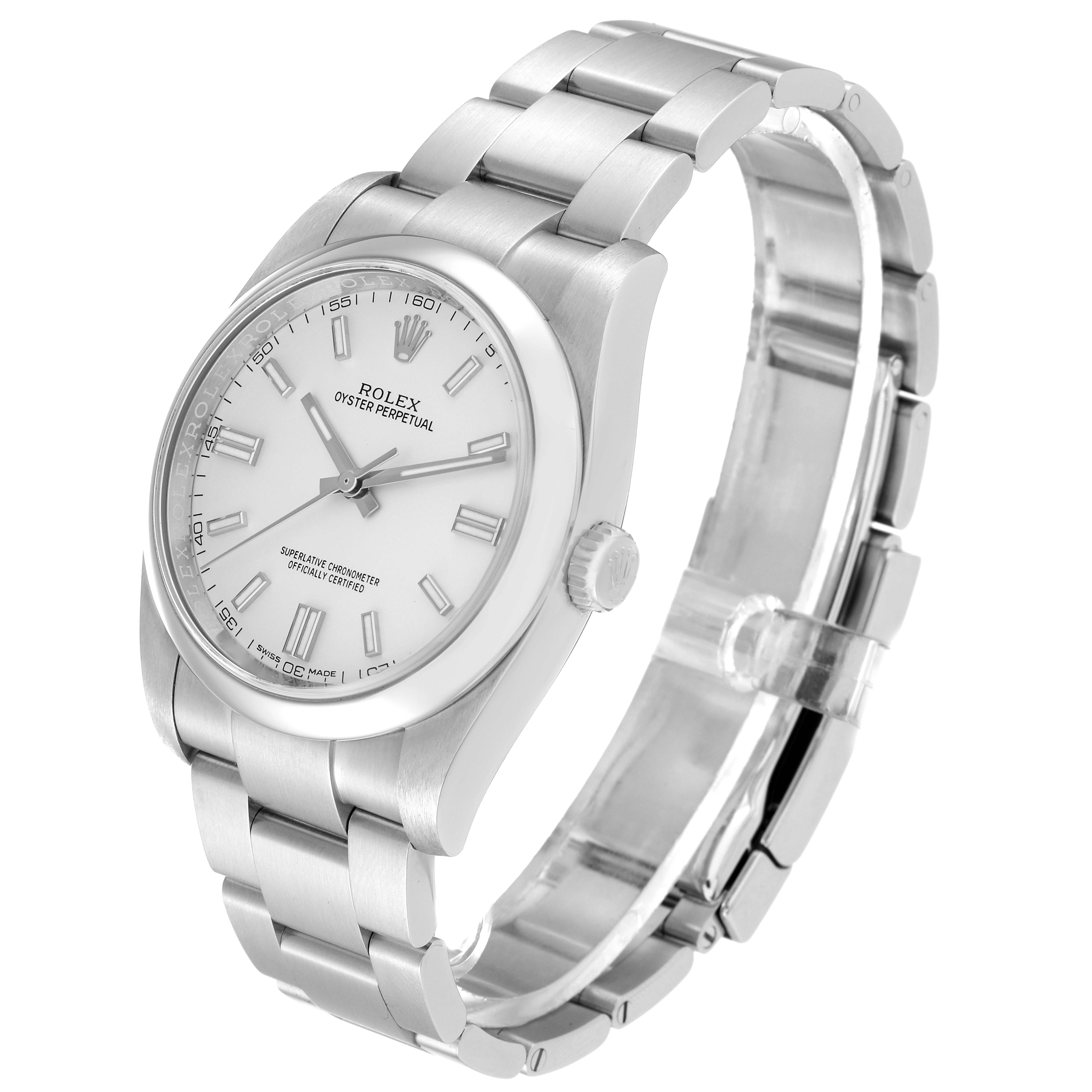The image shows a side angle view of the Rolex Oyster Perpetual 116000 Men's Stainless Steel White Dial 116000 Men's Stainless Steel White Dial watch, highlighting the face, crown, and stainless steel bracelet.