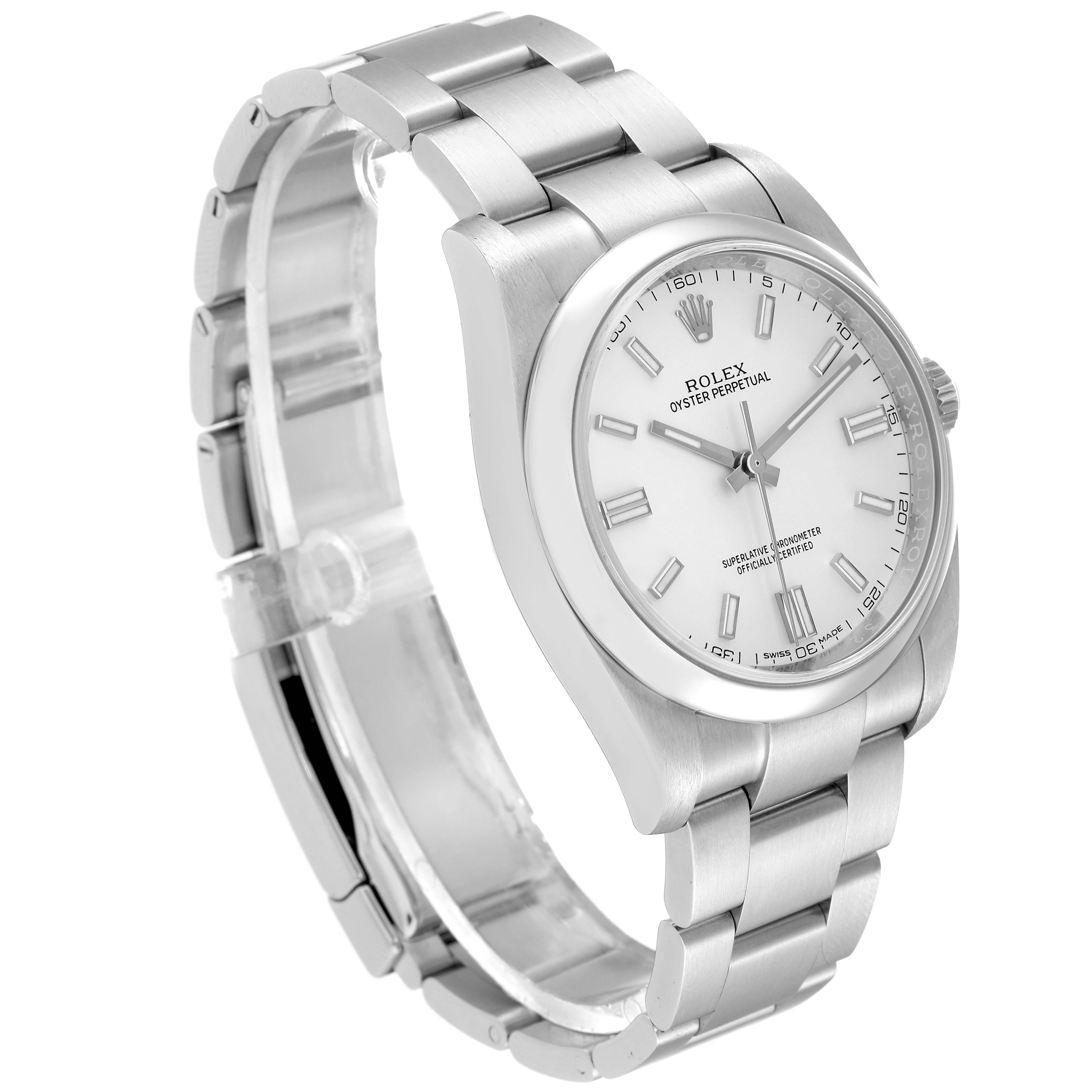 The Rolex Oyster Perpetual 116000 Men's Stainless Steel White Dial 116000 Men's Stainless Steel White Dial watch is shown at a three-quarter angle, highlighting its face, crown, and bracelet.