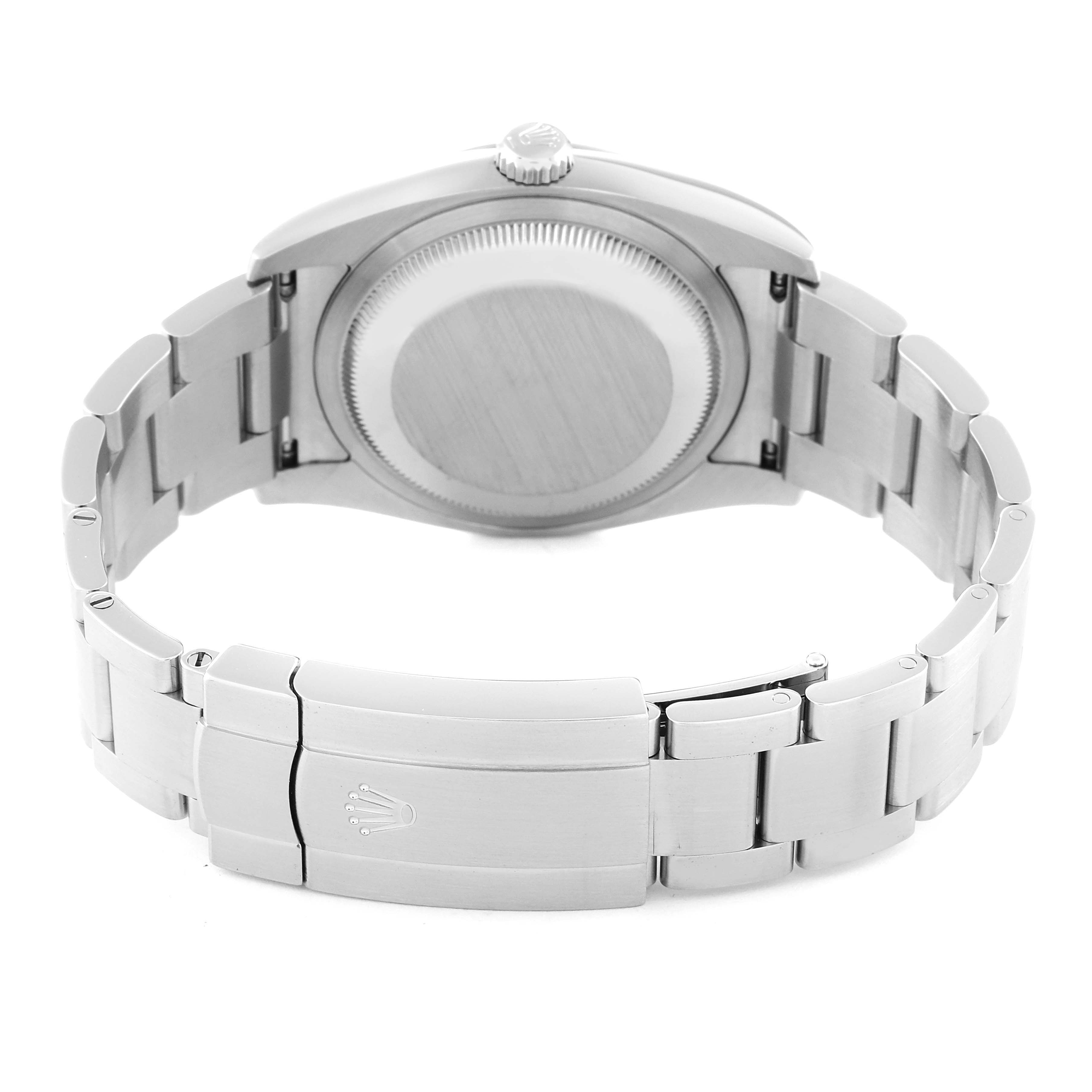The image shows the back view of a Rolex Oyster Perpetual 116000 Men's Stainless Steel White Dial 116000 Men's Stainless Steel White Dial watch, including the case back and bracelet with the clasp.